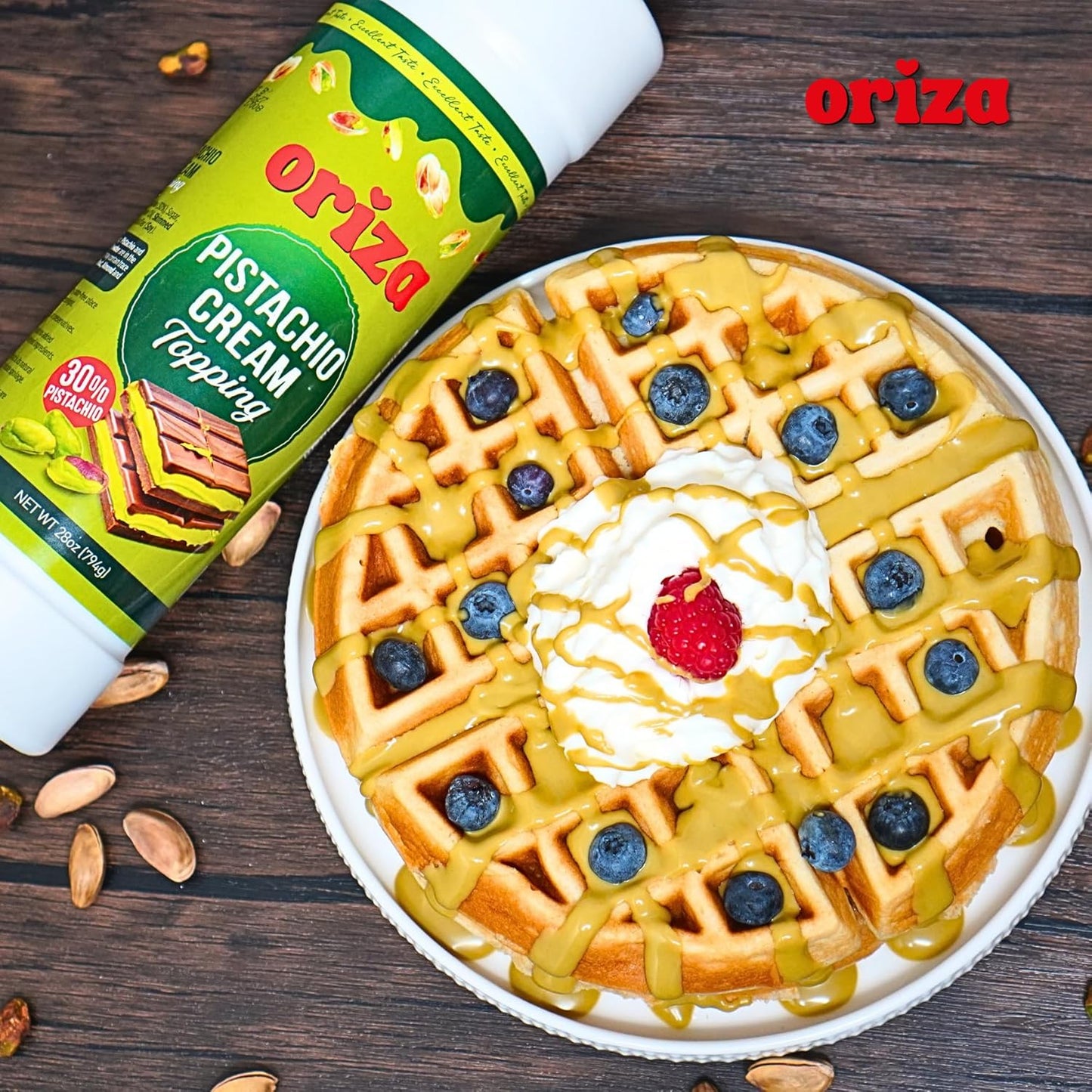 Oriza Pistachio Cream Topping, 28oz Bottle (Pack of 24) – Bulk Pistachio Spread with 30% Pistachios, Palm Oil Free, Non-GMO – Ideal for Cafes, Bakeries & Restaurants