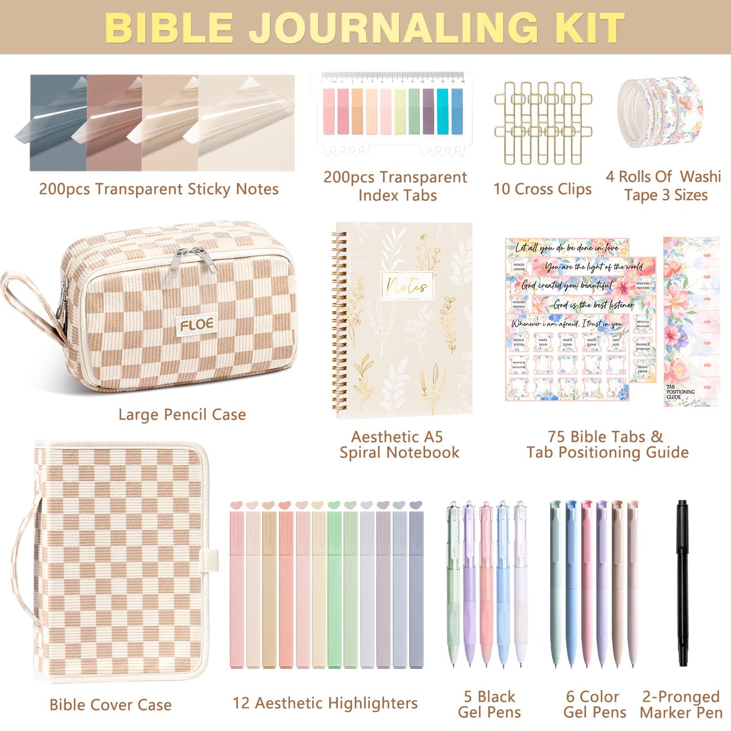 Bible Study Supplies Journaling Kit for Women with Bible Cover Case, Mothers Day Christian Gifts for Women Mom, Bible Study Tools Accessories Set w/Highlighter Pen, Pencil Case Notebook Annotation Kit