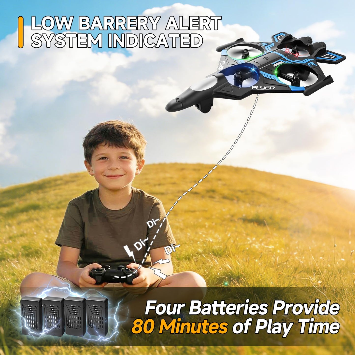 serfiman Foam Remote Control Airplane with LED Lights, RC Jet Fighter 360° Flip & Stunt Roll, 2.4GHz RC Plane for Teens & Adults, Blue