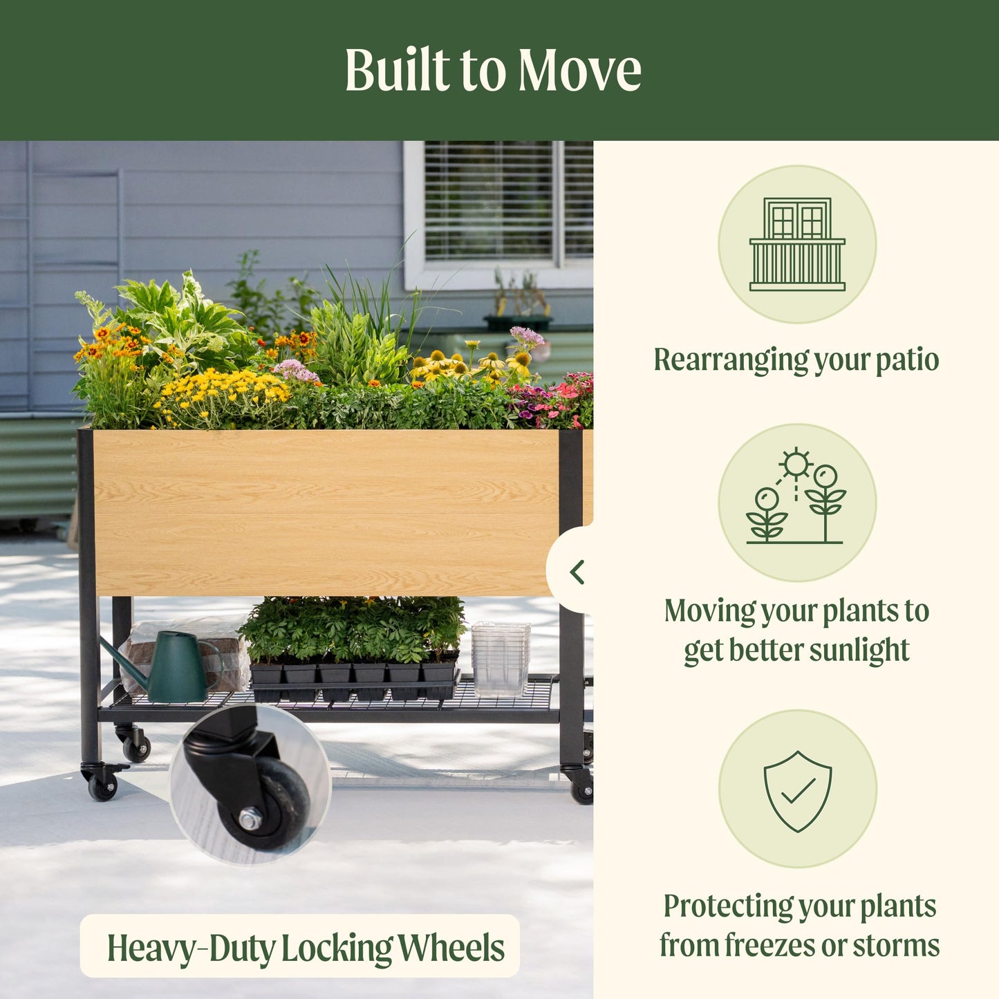 Rolling Elevated Garden Bed, 2' x 4' Metal Woodgrain Elevated Outdoor Planters Boxes with Legs & Storage Rack for Patio, 1000 lbs Weight Capacity, Raised Beds for Gardening Herb Flowers Vegetables