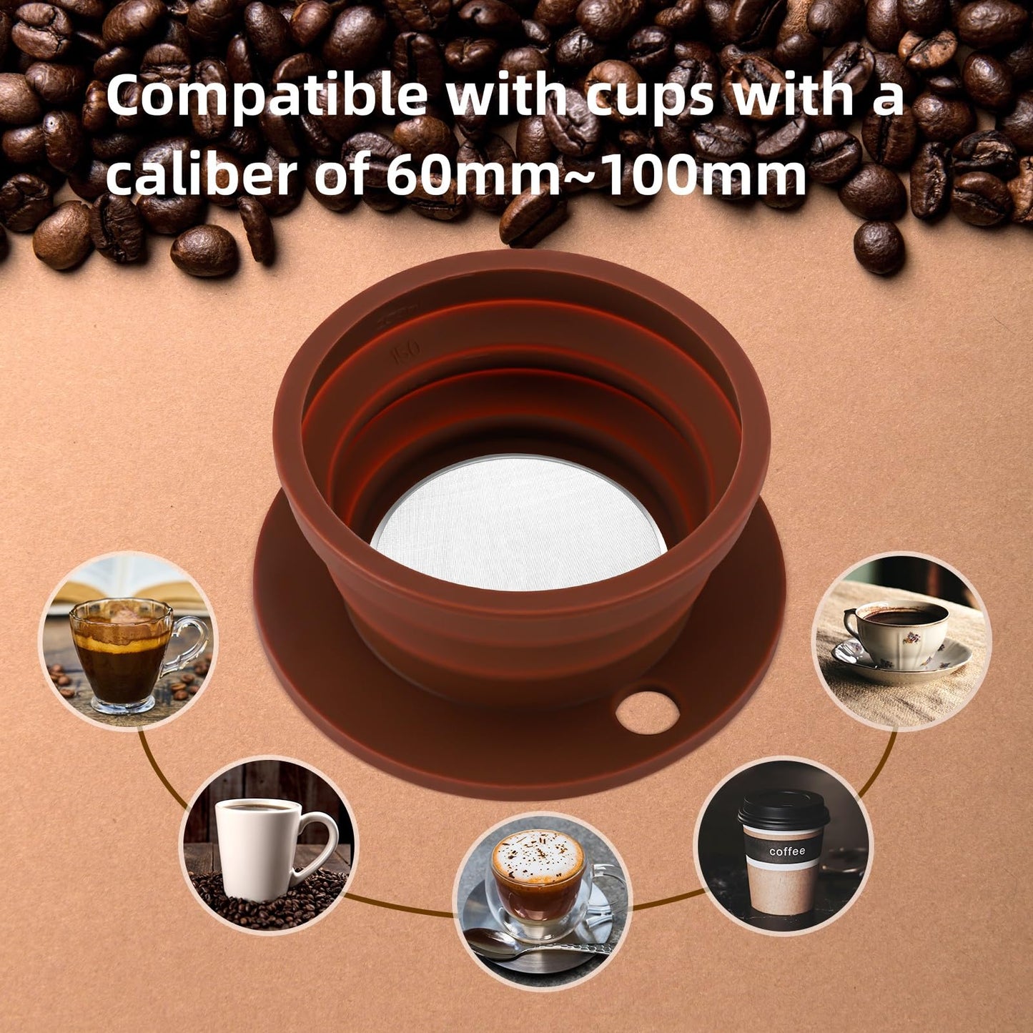 VVGCS Set of 2 Paperless Collapsible Travel Pour Over Coffee Dripper Kit - Silicone Travel Pour Over Coffee Maker Camping - Collapsible Coffee Filter with Stainless Steel Filter (Brown+Grey)