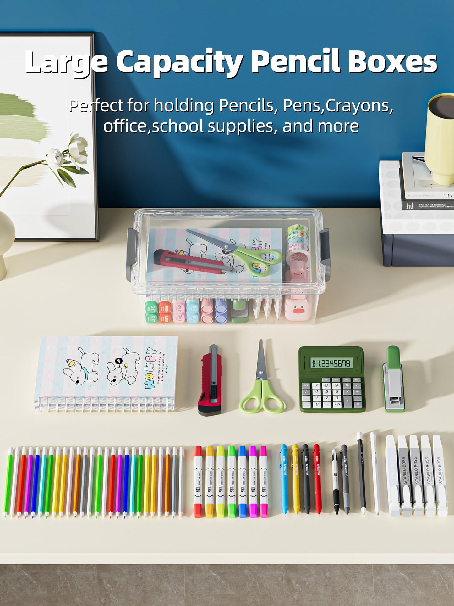 BiuLeon 4 Pack Extra Large Pencil Box, Plastic Pencil Case Organizer, Clear Crayon Box Marker Organizer, Stackable Craft Organizers and Storage for Pen, Craft, Art Supply(Grey)
