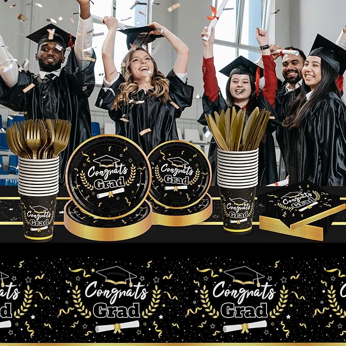 147 Pcs Graduation Party Supplies 2026 for 24 Guests | Black & Gold Disposable Tableware Set with Plates, Cups, Cutlery & Tablecloth