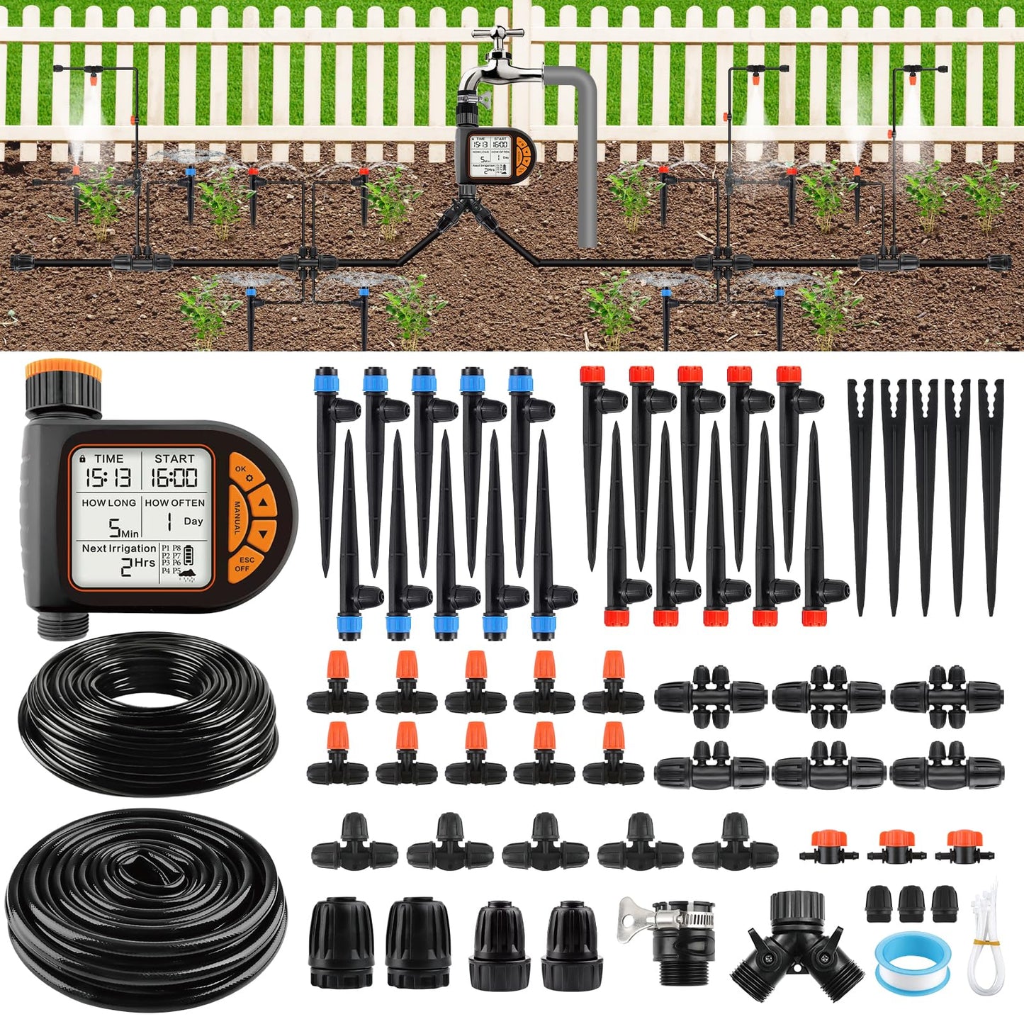 207FT Automatic Drip Irrigation Kit with Water Timer, Kalolary 1/4" 1/2" Adjustable Garden Watering System with 4/7mm 16mm Tubing Micro Drip Automatic Irrigation System for Greenhouse Raised Beds Lawn