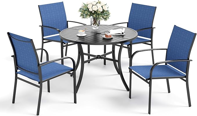 5 Piece Patio Dining Set for 4, 42" x 42" Round Metal Table with Umbrella Hole and 4 Blue Chairs, Outdoor Table and Chairs Set for Lawn Backyard and Deck
