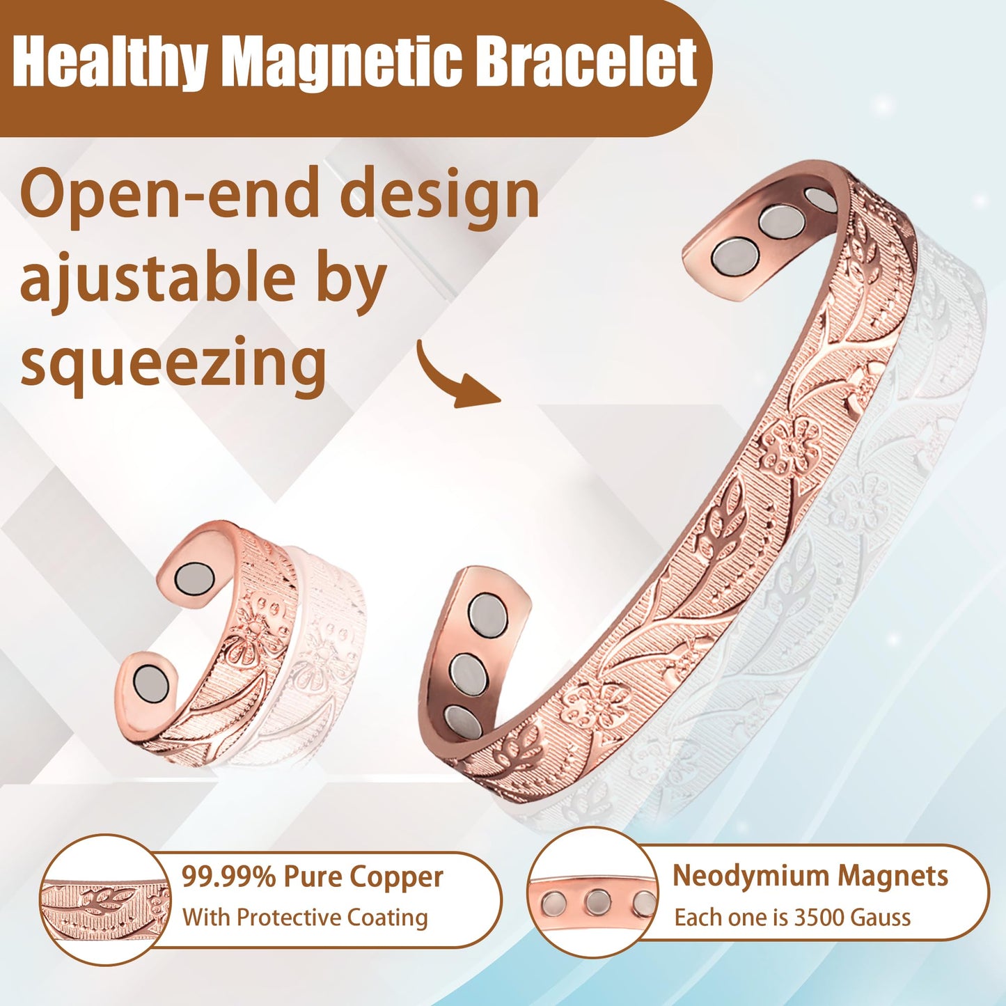 EnerCoppeX Pure Copper Magnetic Ring & Bracelet for Women, Adjustable Size, Jewelry (Bracelet*1+Ring*1)