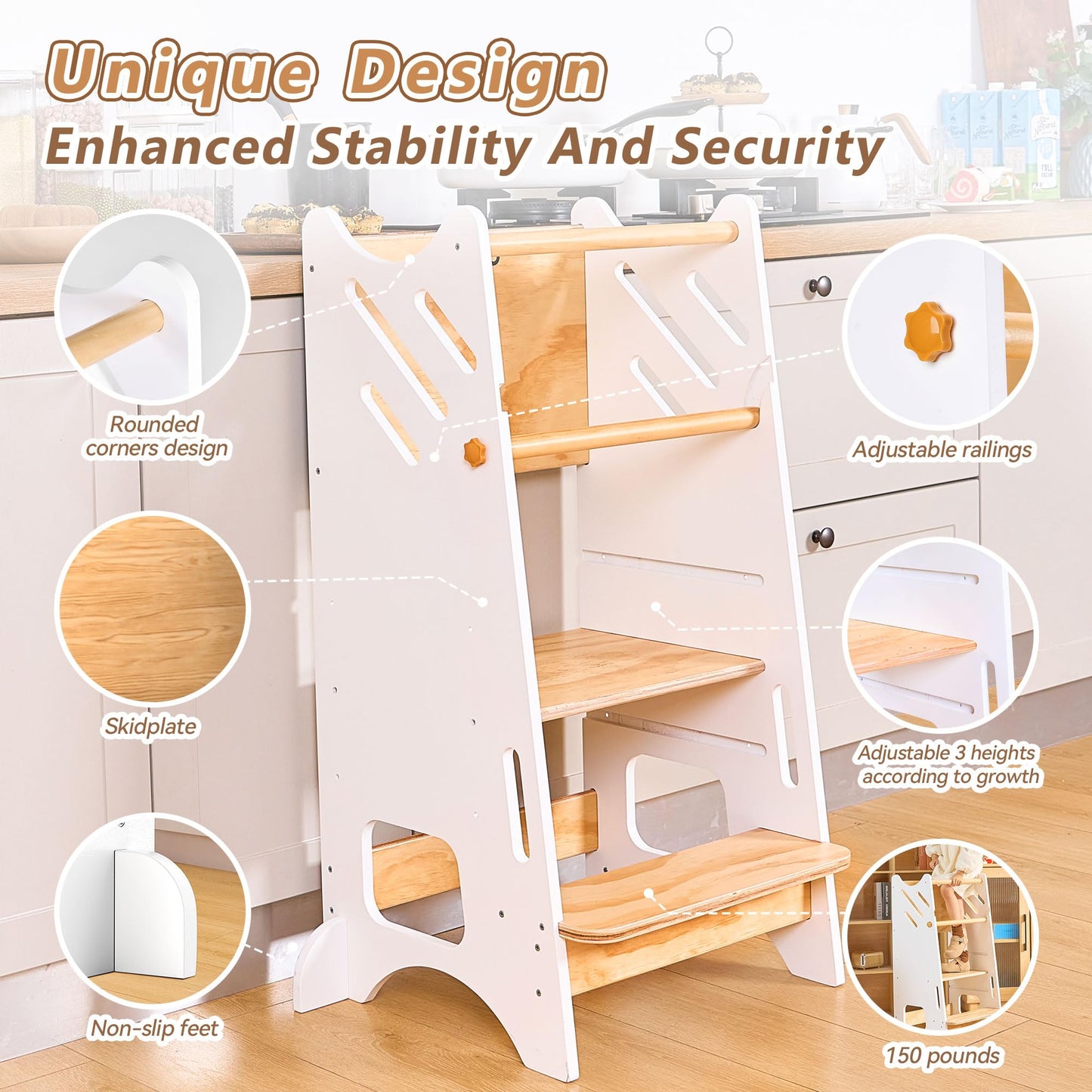 Toddler Standing Tower with Safty Rail & Non-Slip Pads, 3 Height Adjustable Toddler Tower with Chalkboard, Great for Kitchen Activities, Hand Washing & Creative Play, White