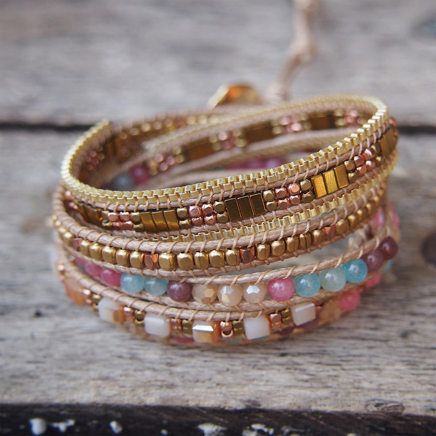Plumiss Women Boho 5 Wraps Stone Crystal Bracelets Handmade Beaded Statement Stainless Steel Box Chain Bracelet Jewelry