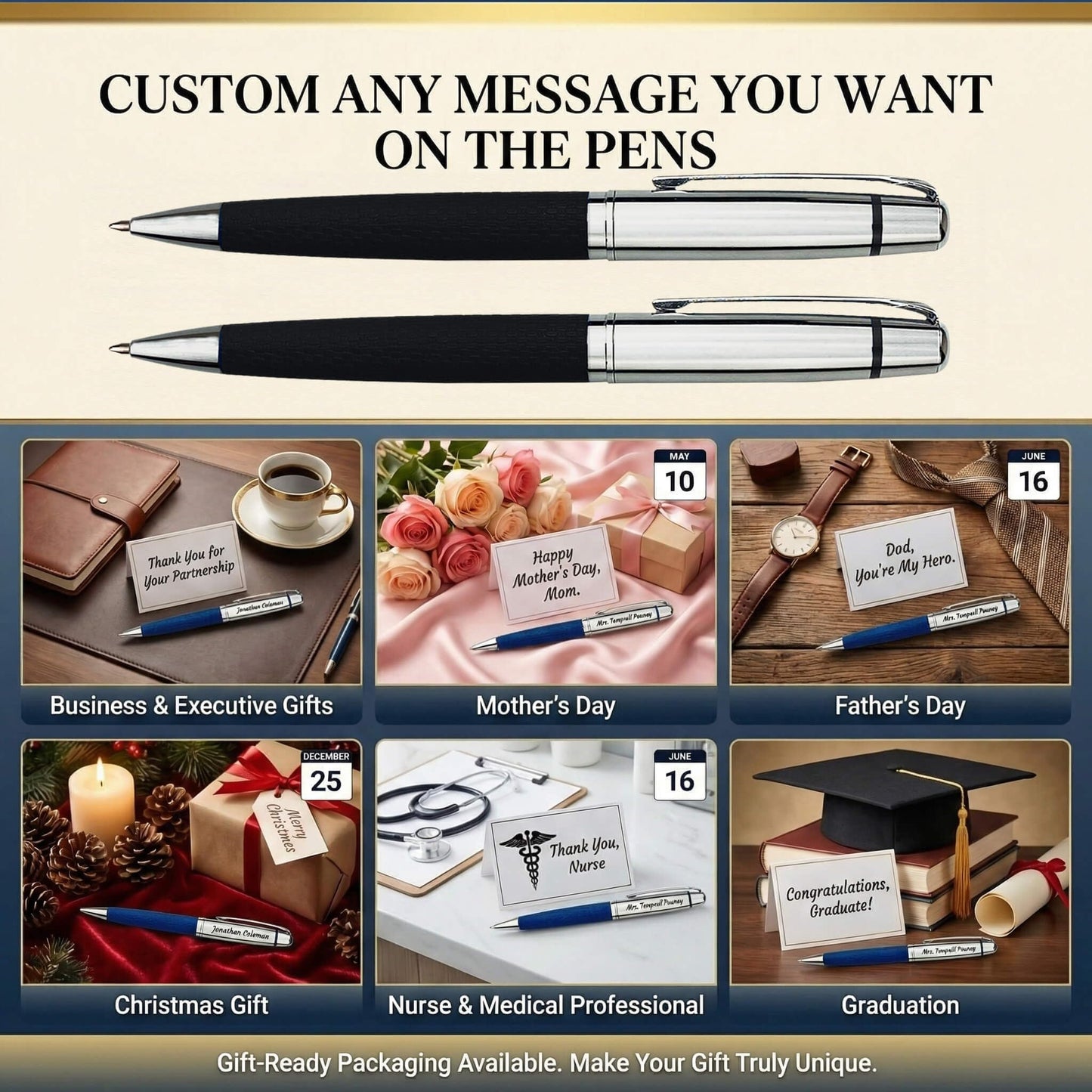 Yastar Customized Gift Pen with a Wallet Luxury Ballpoint Pen with Box 2 extra Black Refills - Custom with Names Message -Gift Pen Set for Family Colleague Elder Friends