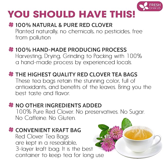 FreshDrinkUS, Premium Red Clover Herbal Tea– 75 Tea Bags – Pure – Naturally Smooth & Mild Flavor – Premium Quality, Eco-Conscious Packaging. Caffeine-Free. Gluten Free. Vegan