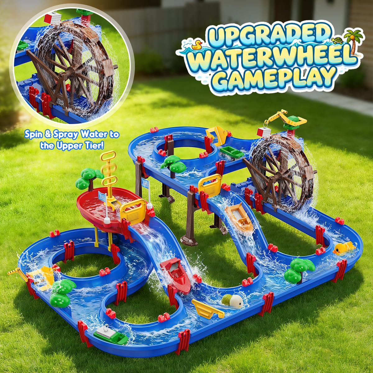 VATOS 2-Tier Watermill Summer Water Table, 124 PCS DIY Water Table with Water Pump Toys for Toddlers 3-5 4-7 Years Old, Fun Water Playset Outdoor Water Summer Toys for Backyard, Beach, Balcony, Garden