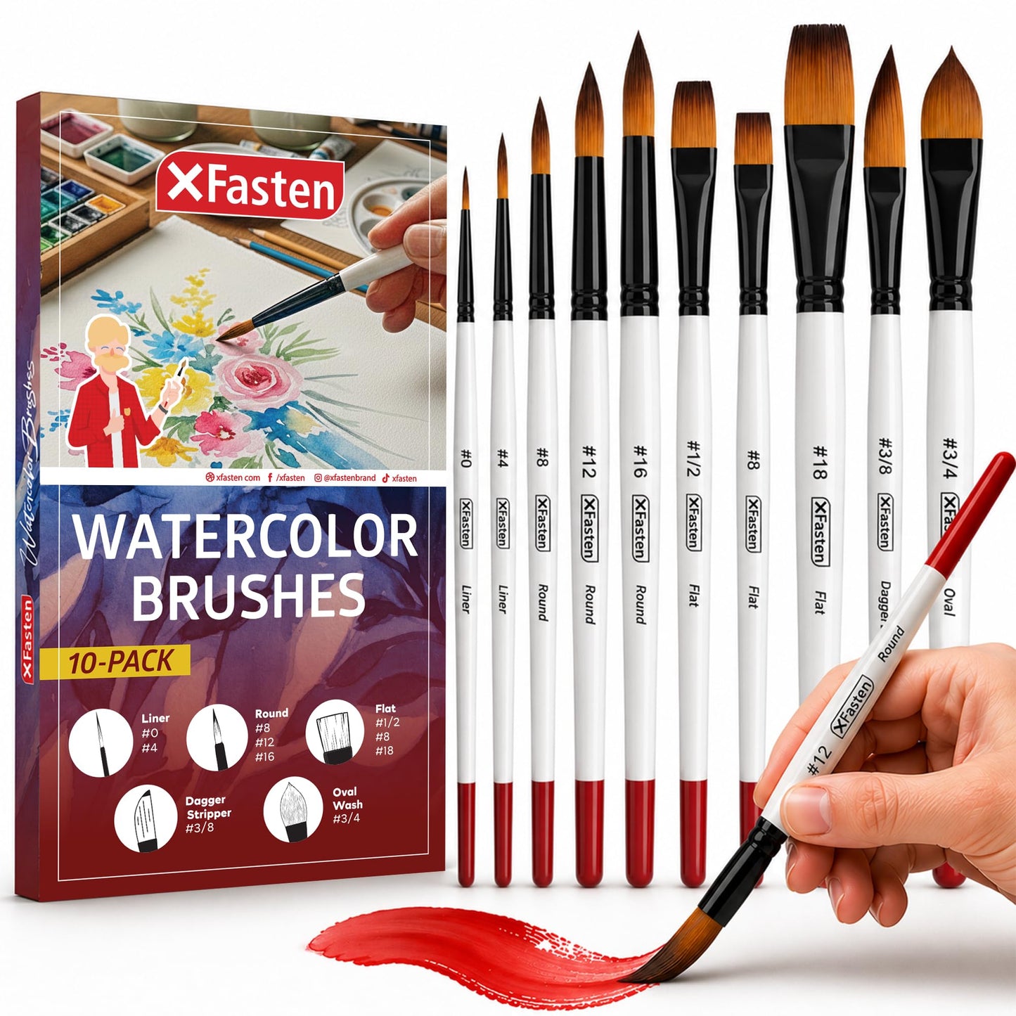 XFasten Watercolor Brushes Professional Set of 10, Synthetic Squirrel Hair Artist Watercolor Paint Brushes Set for Adults and Beginners, Gouache, Ink - Includes Round, Flat, Dagger, and Wash Brush