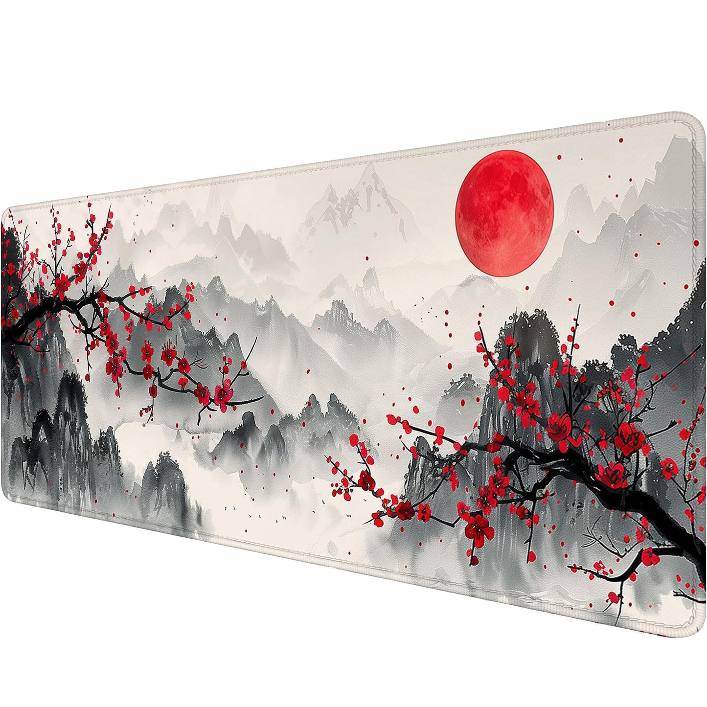 Watercolor Cherry Blossom Gaming Mouse Pad - Chinese Ink Painting Mountain Desk Mat With Stitched Edge Non-Slip Base for Office Computer Keyboard Laptop Home 31.5"x11.8"