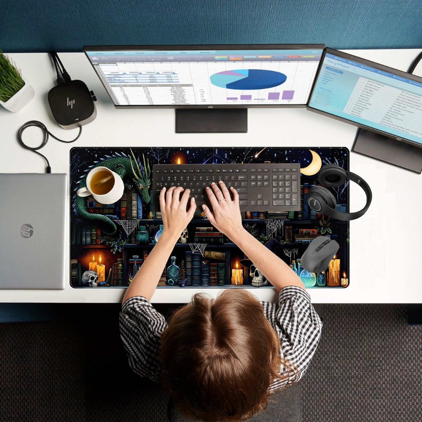 Black Desk Mat Gaming Desk Pad Large Mouse Pad, Mysterious Library Mouse Mat XXL Laptop Keyboard Pad, Vintage Gamer Mouse Pad Full Desk Mousepads Cool Office Desk Accessories 31.5"x15.7"