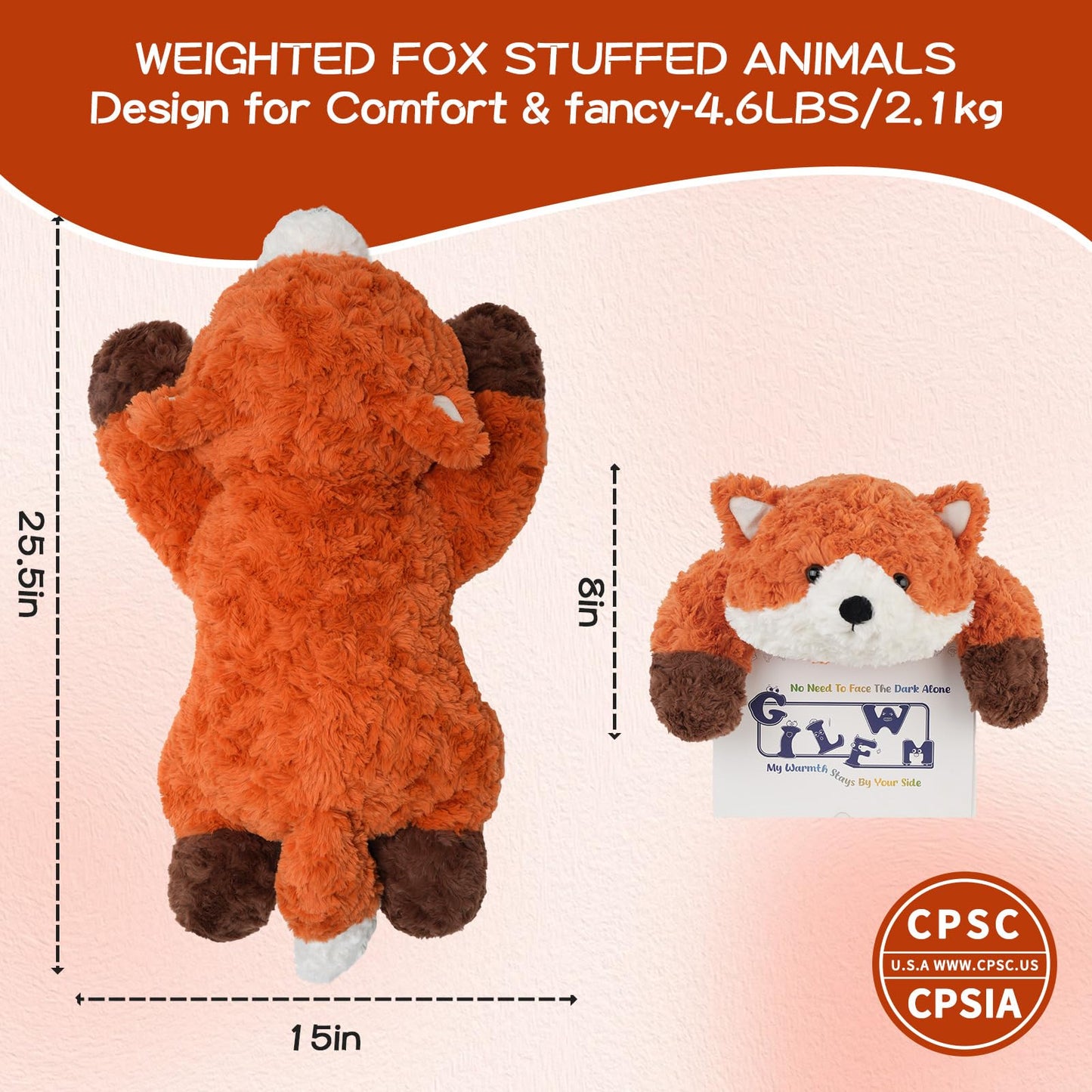 GILFWM 25" 5 Lbs Weighted Stuffed Animals Fox, Heatable and Coolable Weighted Plush with Microwavable Heating Pad,Removable Soft Washable Cute Plushie Pillow Toy Gifts for Adults and Kids