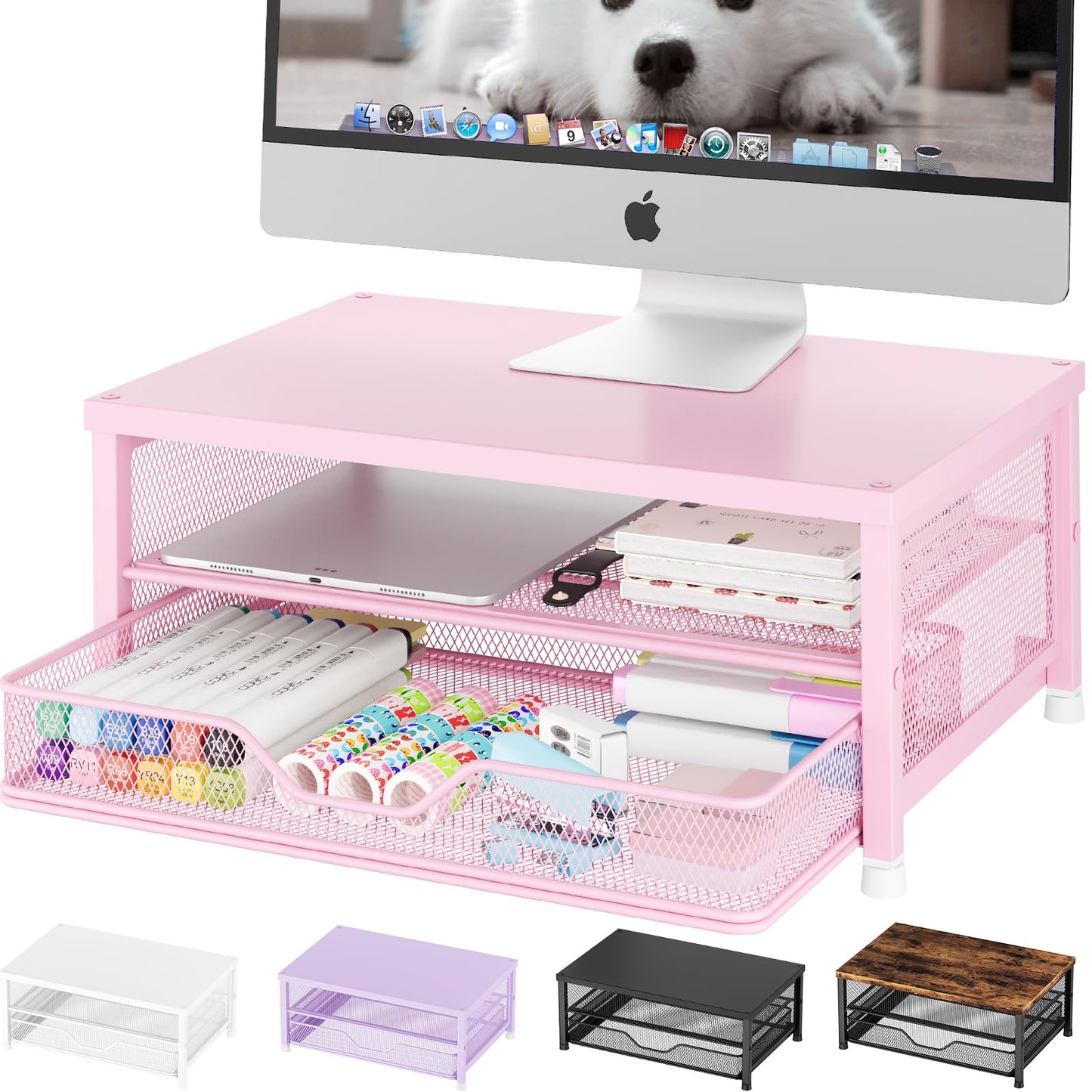OPNICE Computer Monitor Stand Riser, Desk Organizer with Drawer, Printer & Laptop Stand, Office Desk Accessories & Workspace Desktop Organizers Storage for Office Supplies(Pink)