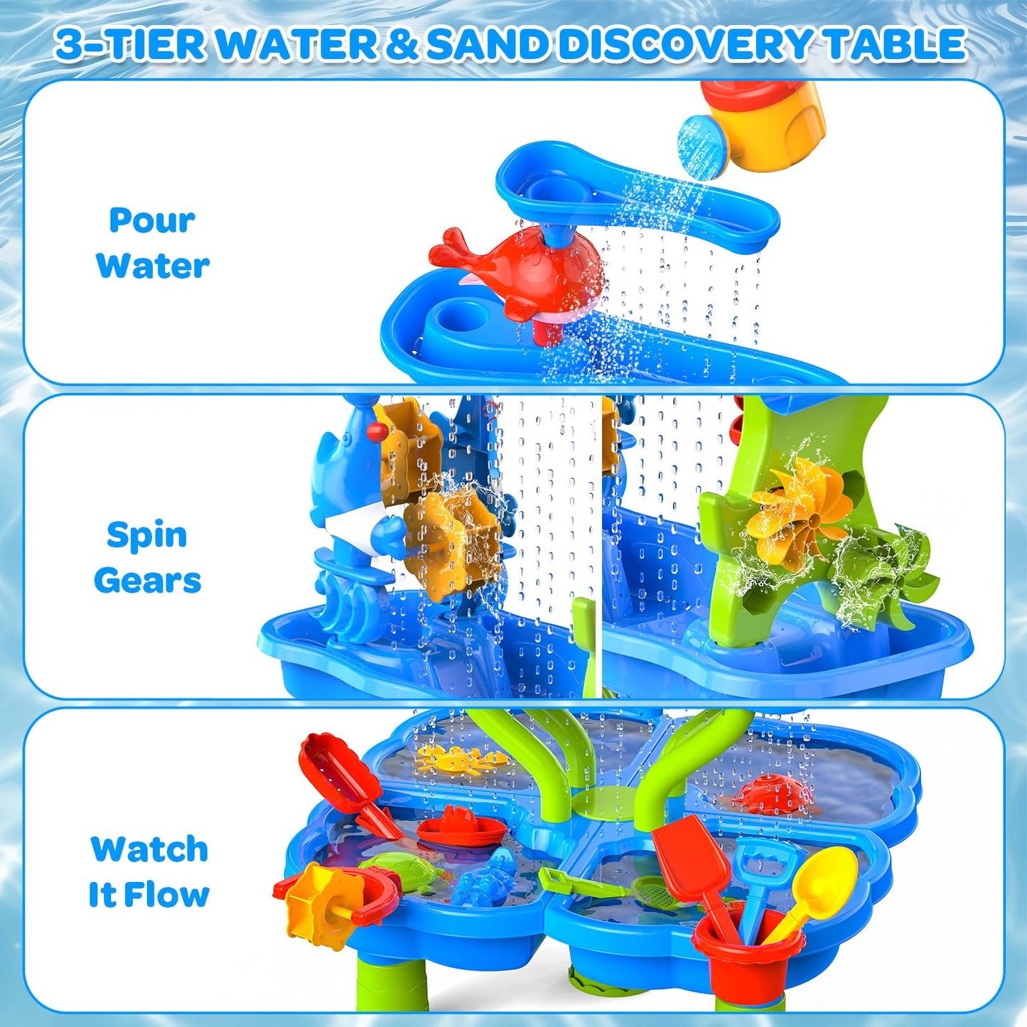 DUONIZAY Water Sand Table for Toddler Kids - 4-Tier Multifunctional Summer Toys,Outdoor Backyard Beach Playset with Stable Design,Sensory Learning Activity Game Gift for Boys Girls(Ocean Blue)