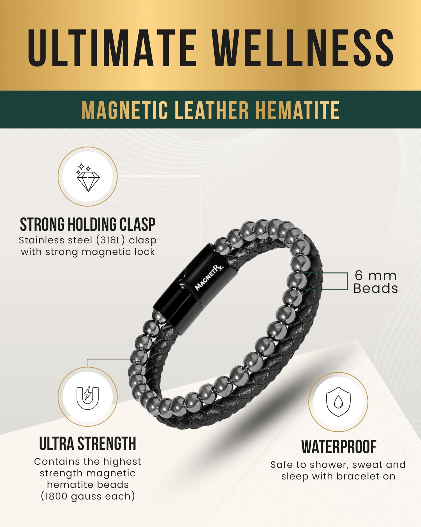 MagnetRX® Hematite & Leather Magnetic Bracelet – Max Strength Natural Stones – Beaded Magnetic Hematite Bracelets (Medium)