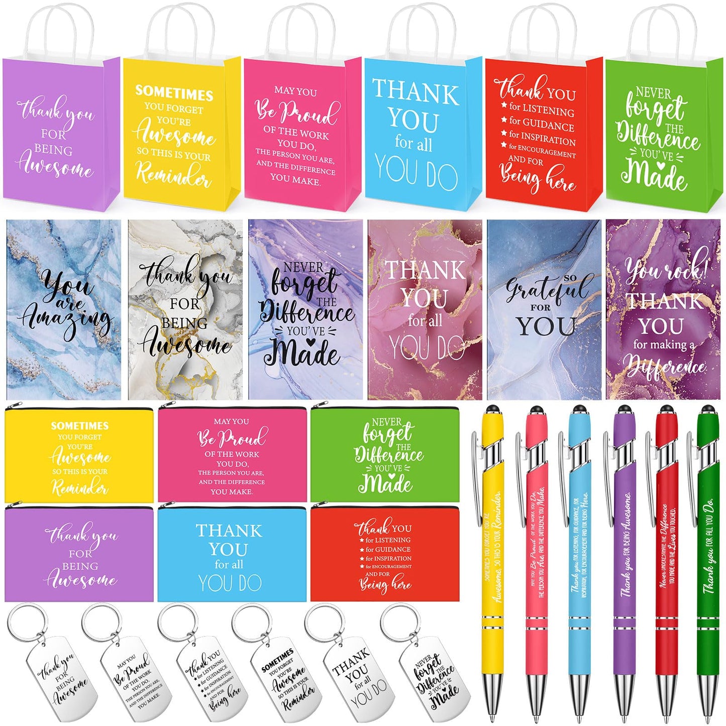 30 Pcs Volunteer Appreciation Gifts Bulk Include 6 Inspirational Makeup Bag 6 Colorful Gift Bag 6 Keychain 6 Marble Notepad and 6 Bamboo Ballpoint Pen for Staff Team Volunteer Week
