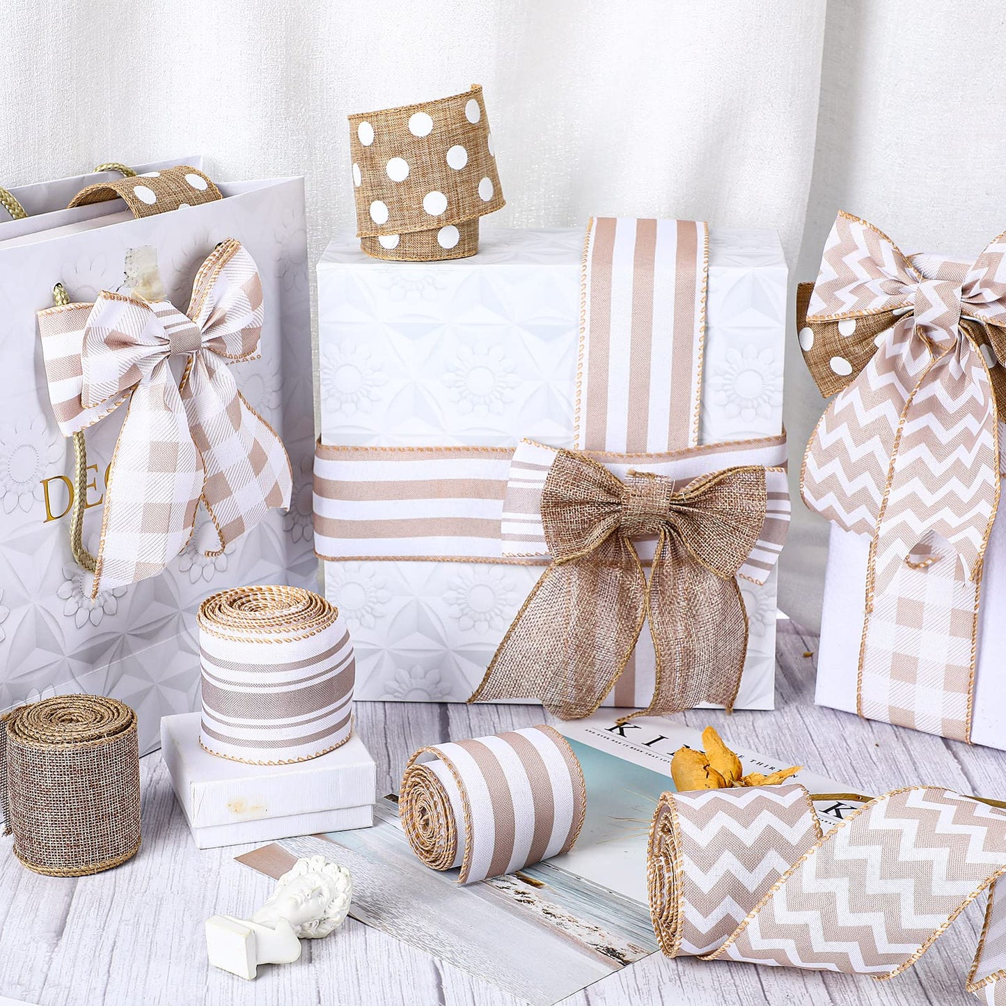 Jexine 6 Rolls Burlap Ribbon 2.5 Inch 30 Yards Burlap Ribbon Wired Farmhouse Rustic Fabric for Crafts Spring Wreath Bow Wedding Decoration DIY Gift Wrapping Home Decor Packaging