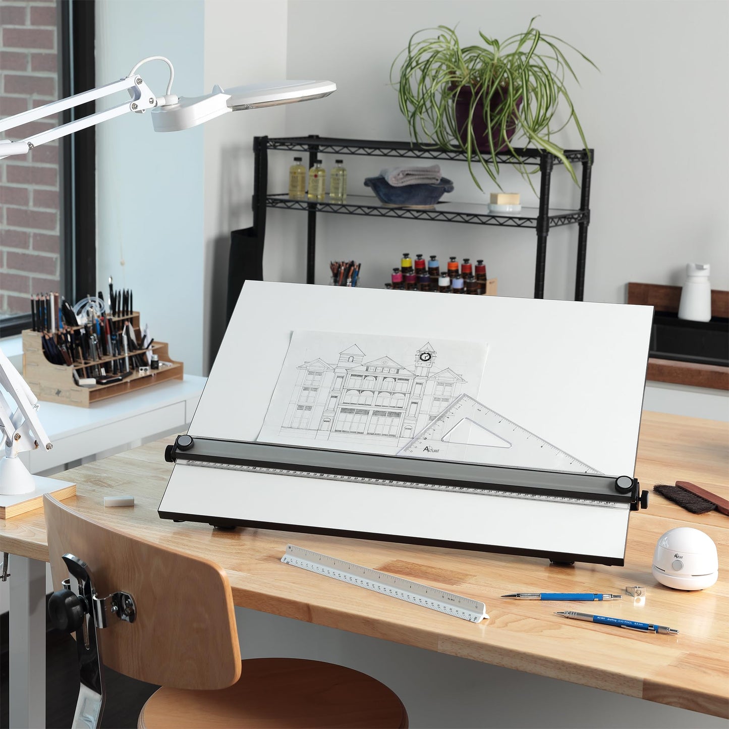 Acurit Multi-Angled 23”x31” PXB Drawing Board for Artists and Designers - Portable Tabletop Workspace, Drawing, Sketching, Drafting, Painting - Portable Laminated Surface w/Ruler & Parallel Motion Bar