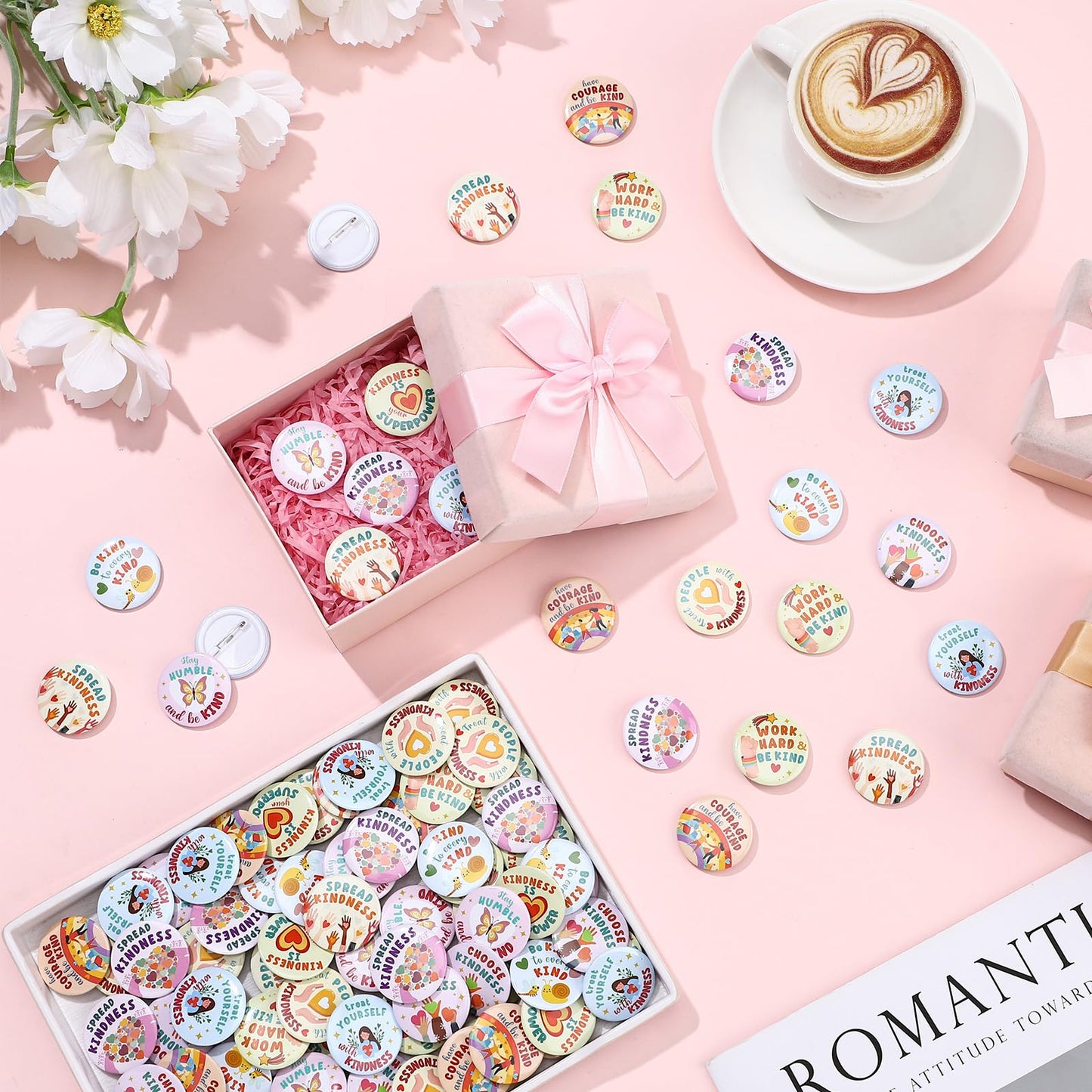 Glitinsel 100 Pcs Reading Awards/Be Kindness Pins Back to School Funny Reading Prizes Kindness Book Lover Round Buttons Pins Positive Incentive Reward Prizes for Students Classroom(Kindness)