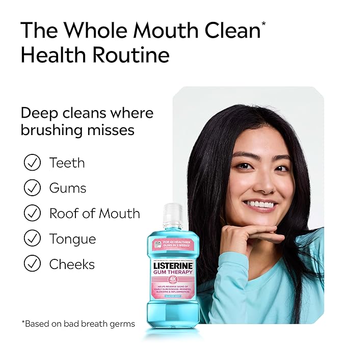 Listerine Gum Therapy Antiplaque & Anti-Gingivitis Mouthwash, Oral Rinse to Help Reverse Signs of Gingivitis Like Bleeding Gums, ADA Accepted, Glacier Mint, Twin Pack, 2 x 1 L