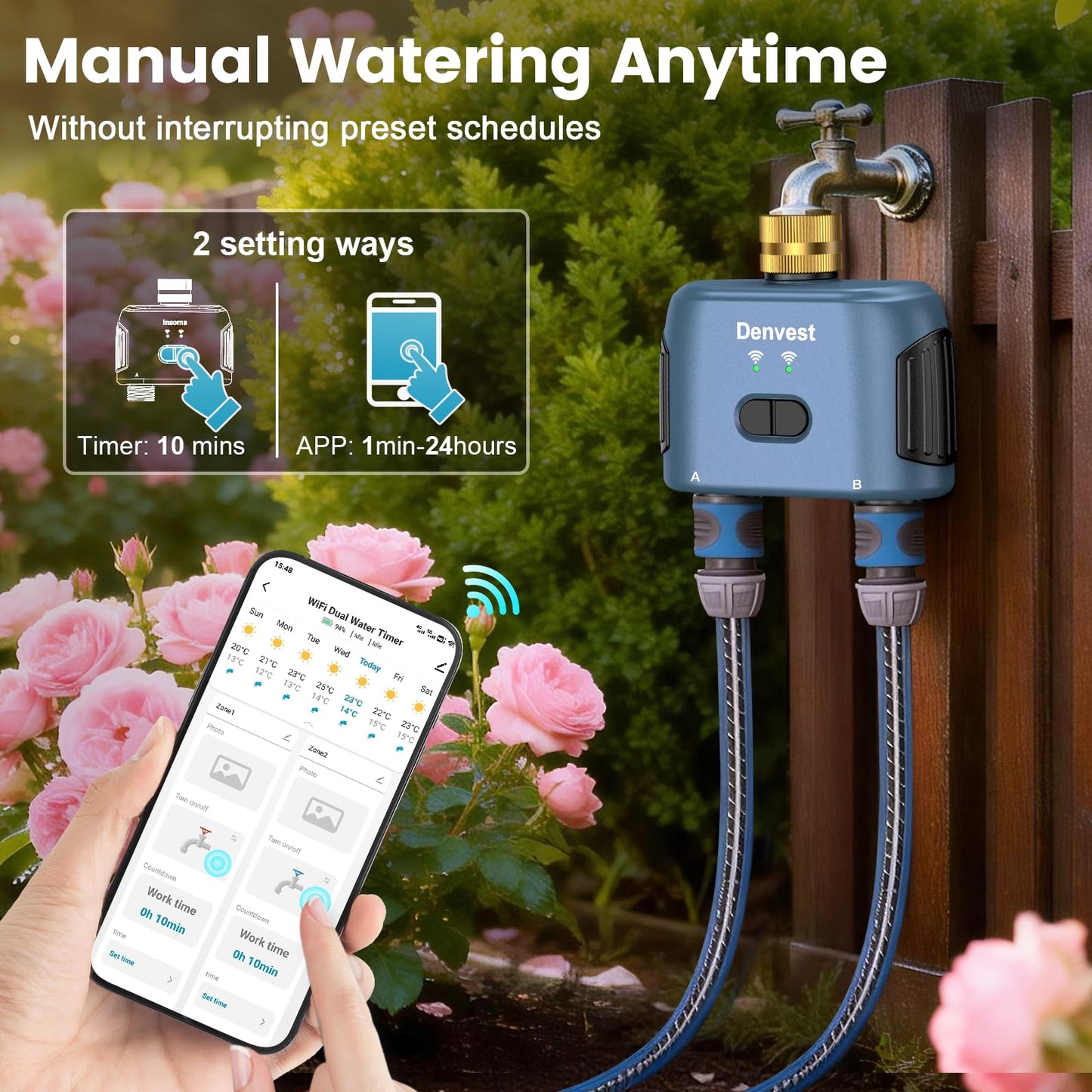 WiFi Water Timer for Garden Hose with Brass Inlet,Smart Hose Timer with WiFi Hub, APP & Voice Control,Up to 20 Watering Plans, 2-Zone Sprinkler Drip Irrigation System Controller for Yard Lawn Watering