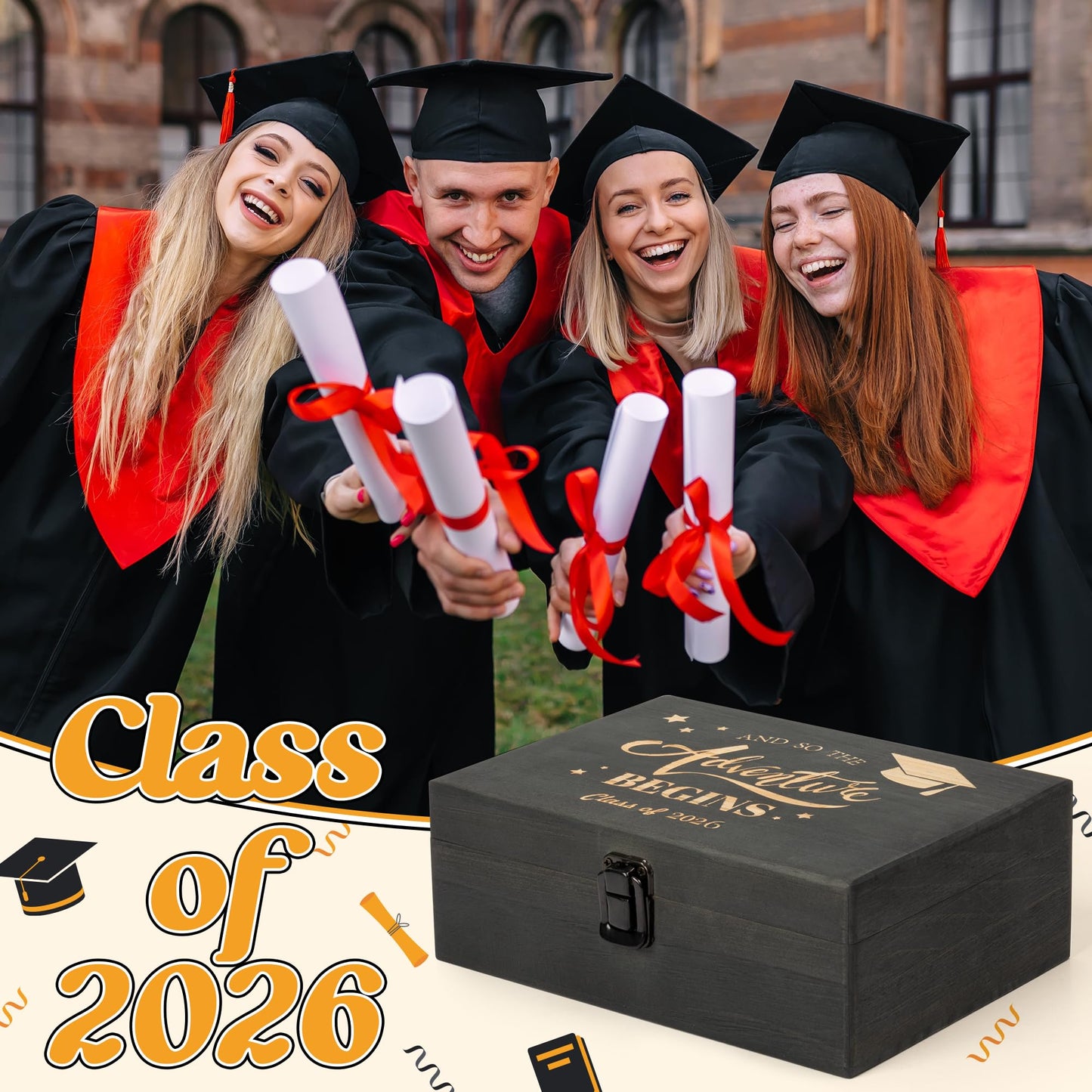 R HORSE Graduation Keepsake Wood Box, Engraving Wooden Memory Box for High School Graduates, Engraved Class of 2026 Graduation Gift for Him Her Party Favor & Memory Storage