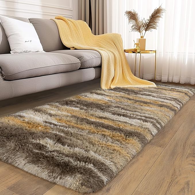 Soft Runner Rugs for Bedroom Hallways, 2x5 Abstract Brown Fluffy Shag Throw Area Rug Non Slip for Bedside Dorm, Long Shaggy Furry Carpet for Nursery Living Room