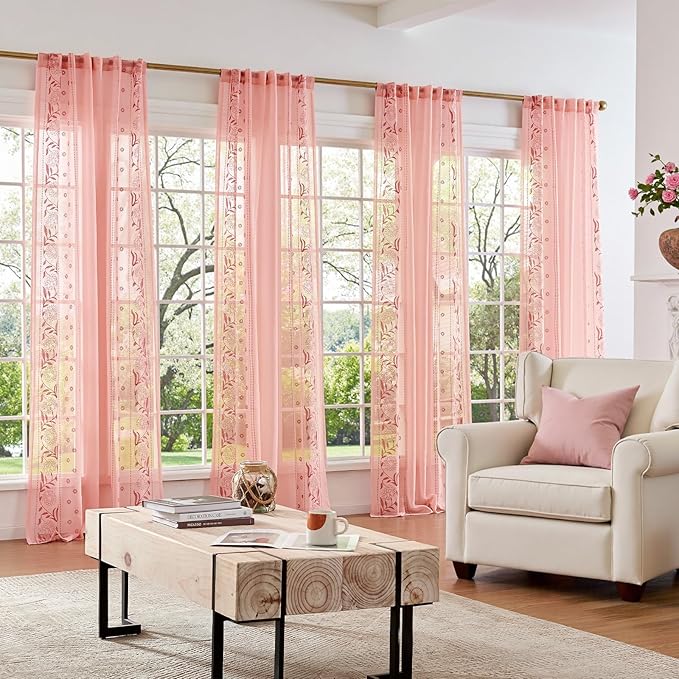 jinchan Winslow Sheer Curtains 63 Inch Length for Dorm Bedroom Bordered Floral Pattern Decorations Short Curtains Light Filtering Window Treatments, 50W x 63L, 2 Panels