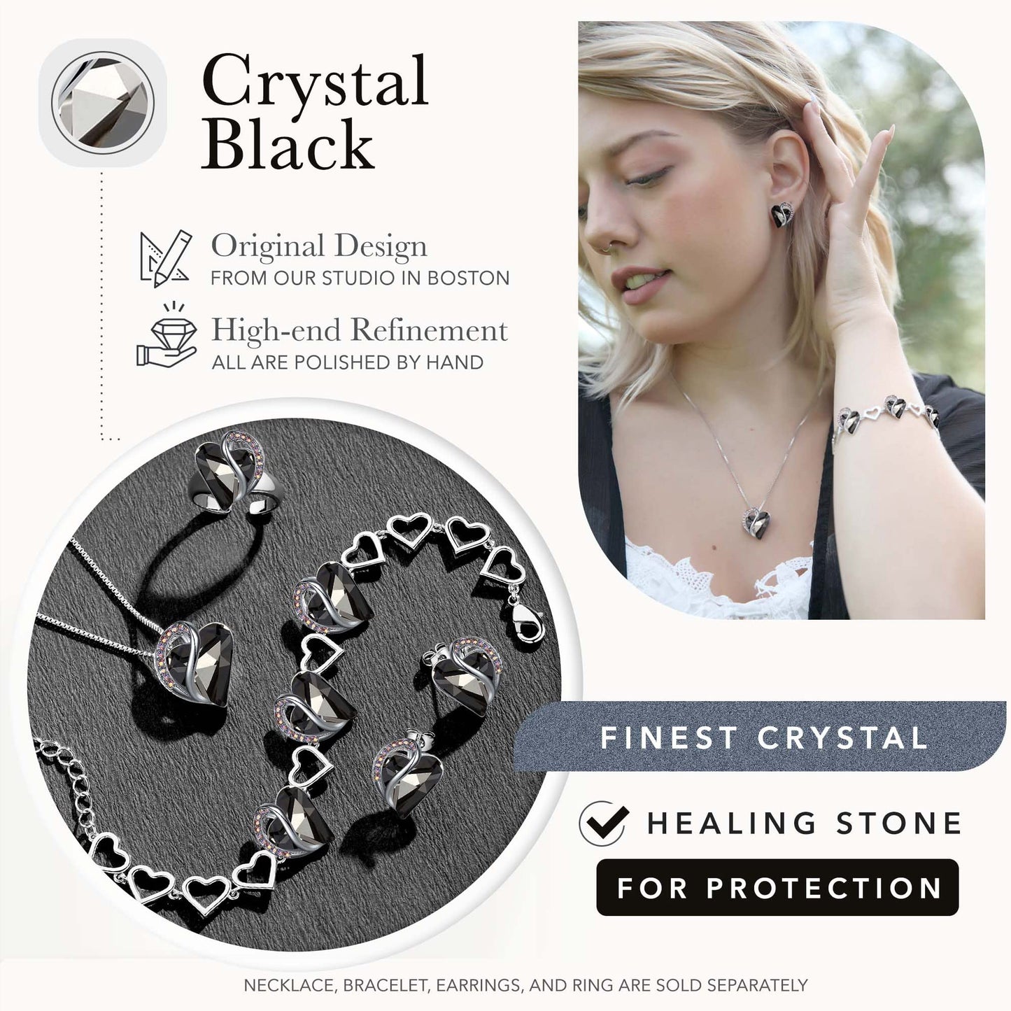 Leafael Infinity Love Heart Gift Bracelet for Women, Healing Stone for Protection, Crystal Black, Silver Tone, 7-inch Chain and 2-inch Extender