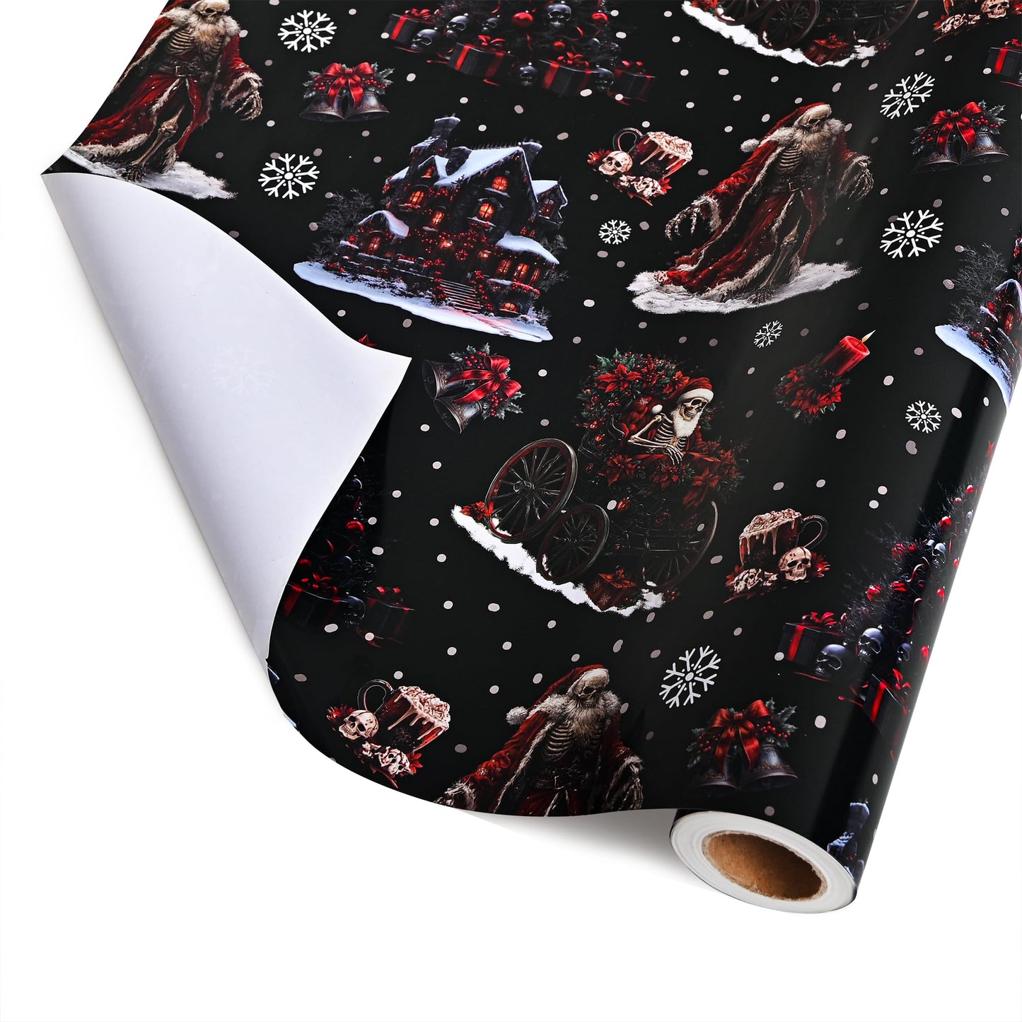 Dtiafu Gothic Christmas Wrapping Paper Roll Black Horror Christmas Santa Claus Skeleton Design Xmas Gift Wrap for Winter Halloween Holiday Party Celebration - Total 28.5sq.ft