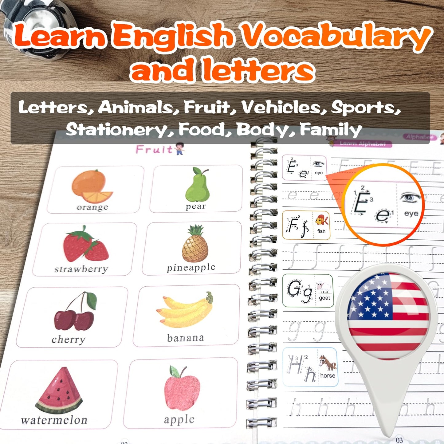 4 Magic Grooved Writing Practice for Kids - English Pre K Tracing Practice Book, Reusable Preschool Handwriting Workbooks Without Tears, 4-Theme Copybooks with Pen Refill for Age 3-10 (English, Small)