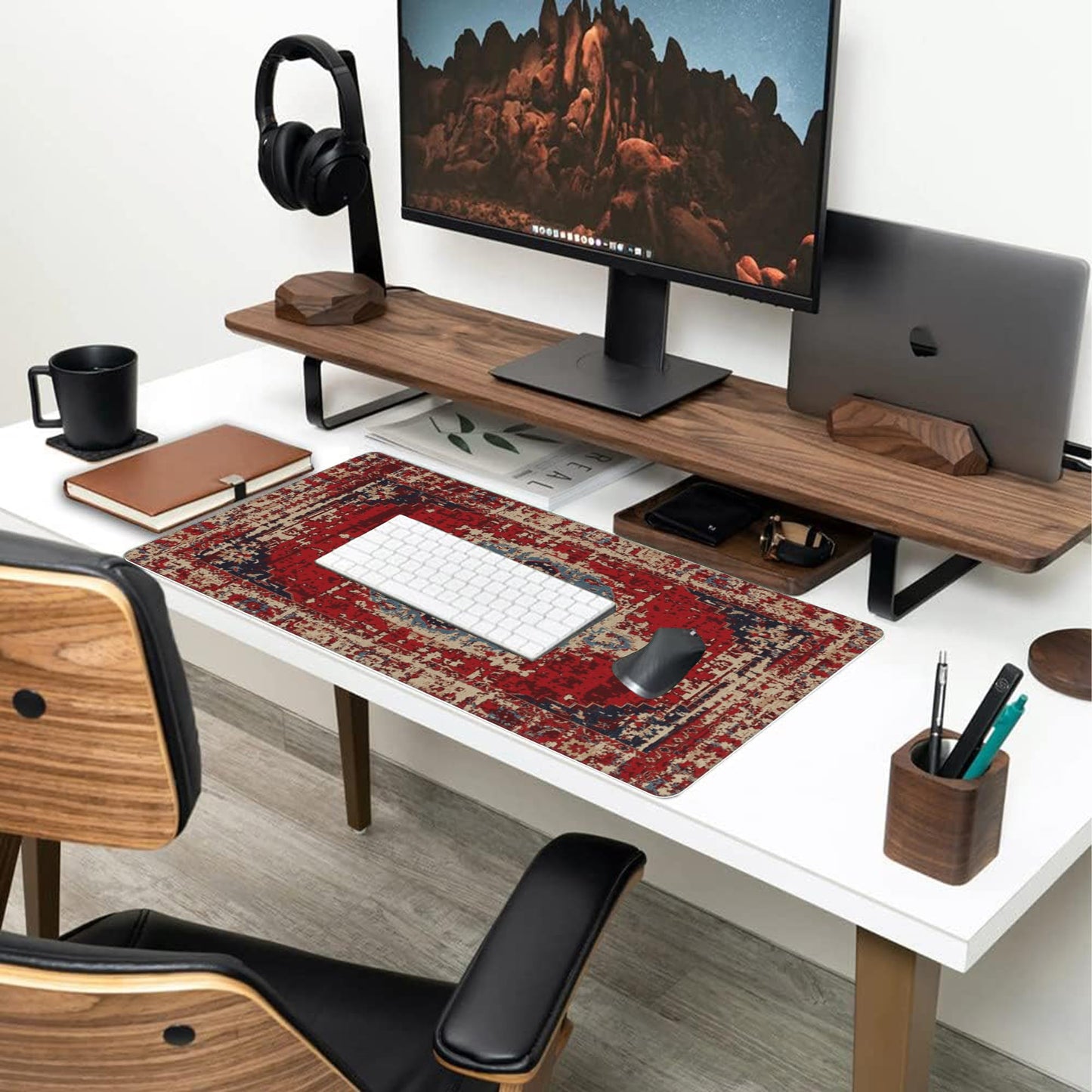 Desk Mat,Boho Carpet Style Large Gaming Mouse Pad for Desk XXL,Bohemian Rug Desk Pad,Extended Big Computer Keyboard Mouse Pad with Non-Slip Base and Stitched Edges 35.4"x15.7"