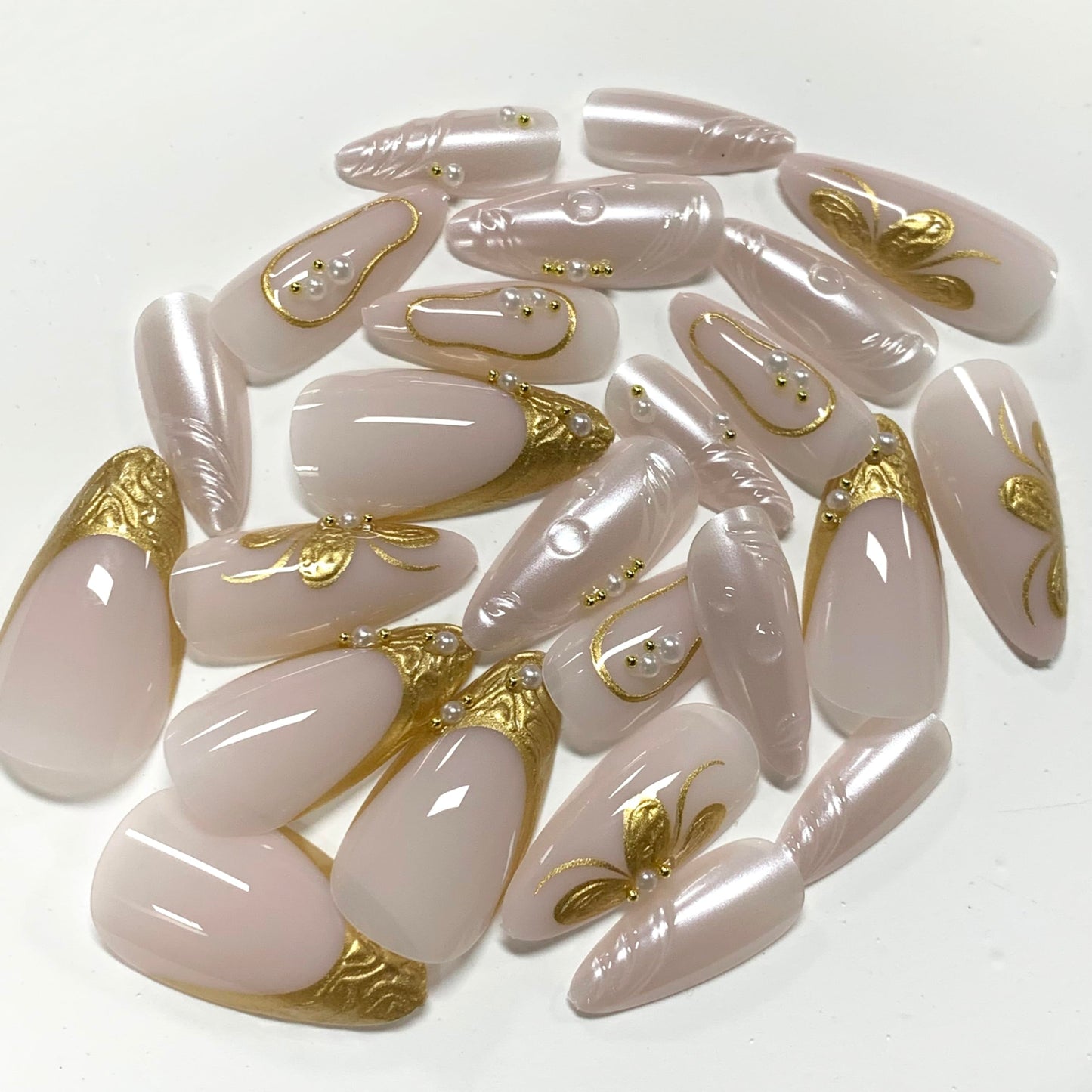 BABALAL Press On Nails, Medium Almond Fake Nails, White Full Cover,Gold Chrome 3d Flower Design, Pearl Swirl, Luxury Glossy Glue On Nails 24Pcs Reusable