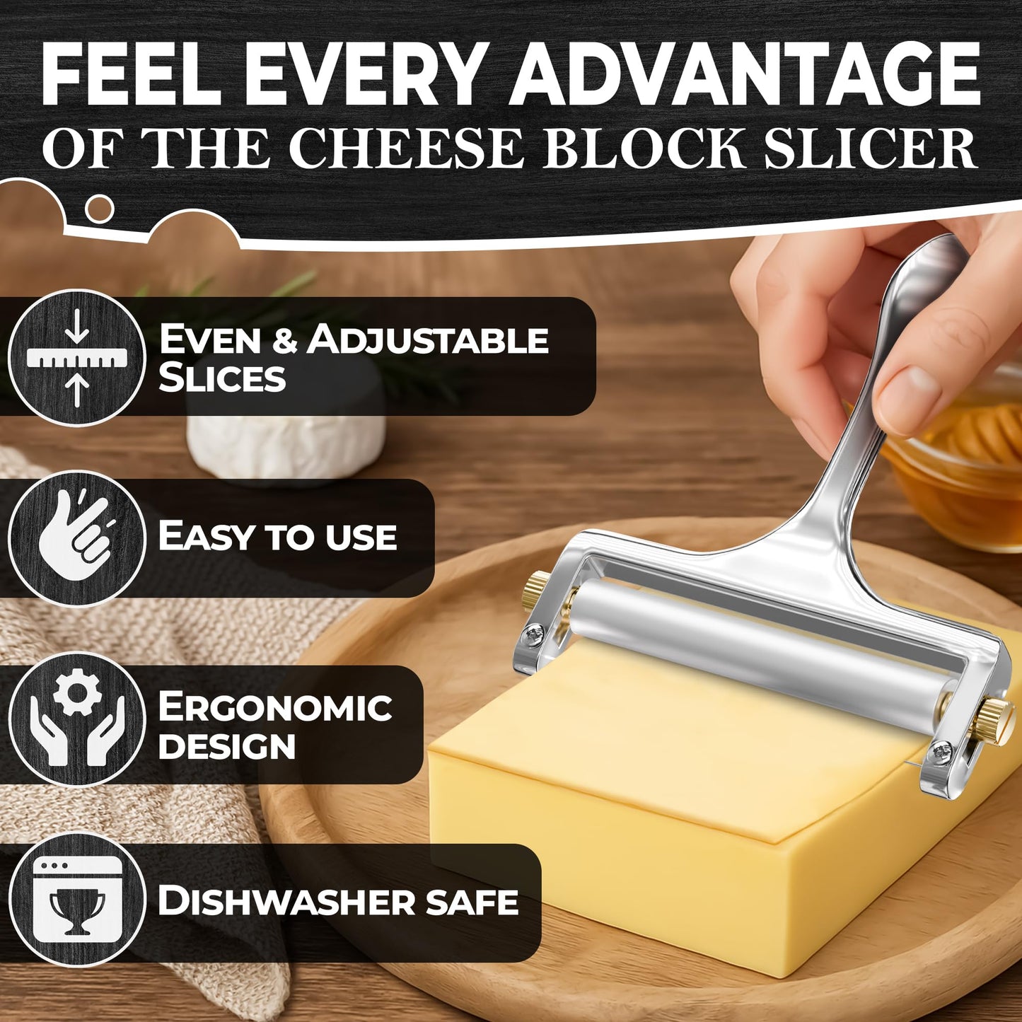 Cheese Slicer Wire - Sharp & Strong Stainless Steel Cheese Cutter Handheld with 2 Extra Wires, Slice Tickness Adjuster, Comfortable Handle & Dishwasher Safe, for Mozzarella, Cheddar & Gruyere Slicing