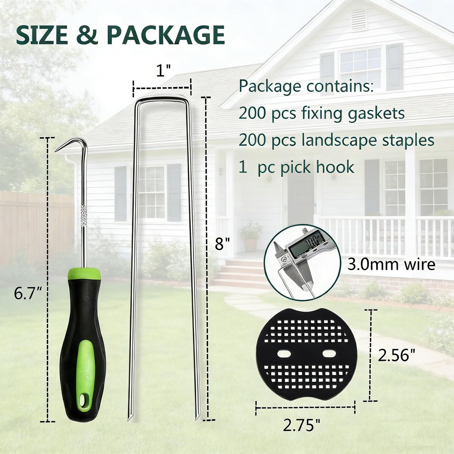 8 Inch 200 PCS Galvanized Landscape Staples with 200 PCS Gasket, Landscaping Fabric Stakes Weed Barrier Stakes Garden Spikes Ground Cover Staples