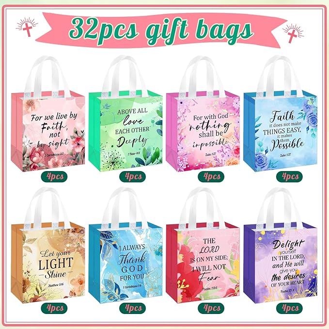HunnmingRe 32 Pcs Christian Gift Bags Bulk, Easter Reusable Flower Religious Bible Verse Tote with Handles Non Woven Scripture Pastor Blessing Gift for Baptism Church Wedding Favors