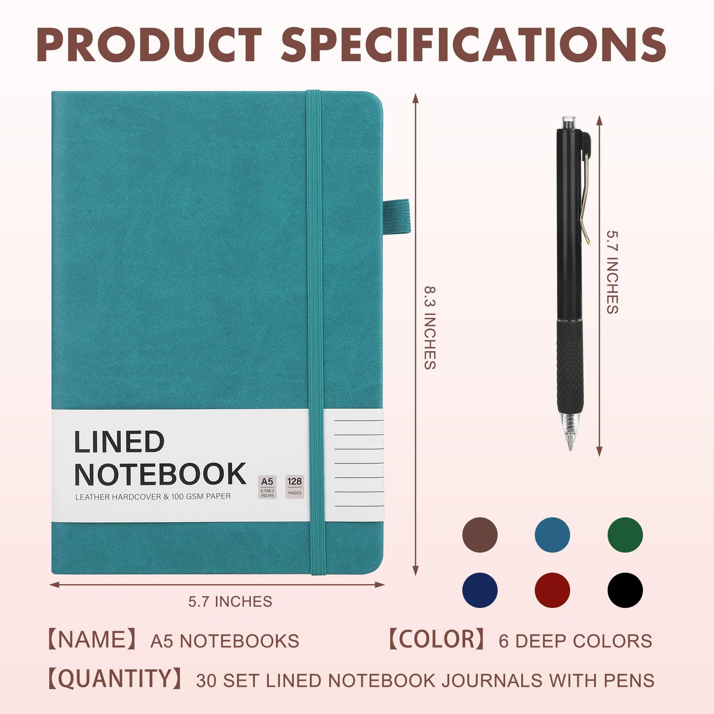 Aodaer 30 Set Lined Notebook Journals with Pens A5 Notebooks 100 GSM College Ruled Hardcover Notebook PU Leather Notepad with Pen Holder for Office School, 5.7 x 8.3 Inches, Deep Multicolor