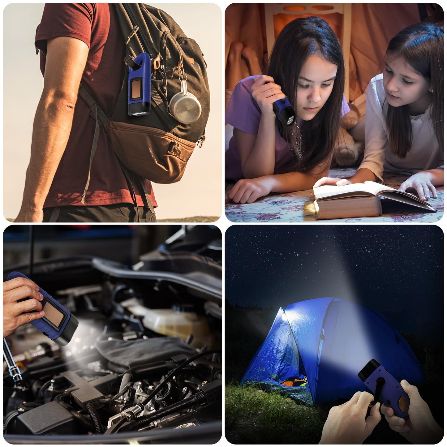 Simpeak 2-Pack Hand Crank Solar Powered LED Flashlight, Emergency Survival Flashlight with Dynamo Torch for Outdoor Sports (Blue)