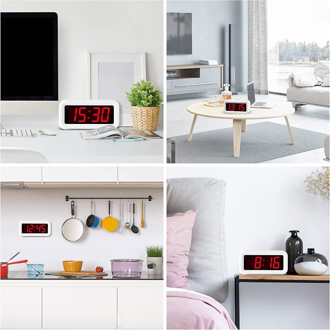 Alarm Clock, Digital Clock, Auto Night-Mode, 3-Level Led Brightness, Battery Powered, 12/24Hr, 1.2'' Red Digits Display, Simple Alarm Clock for Kids Adults Girls Boys, Easy to Set, Easy to Read