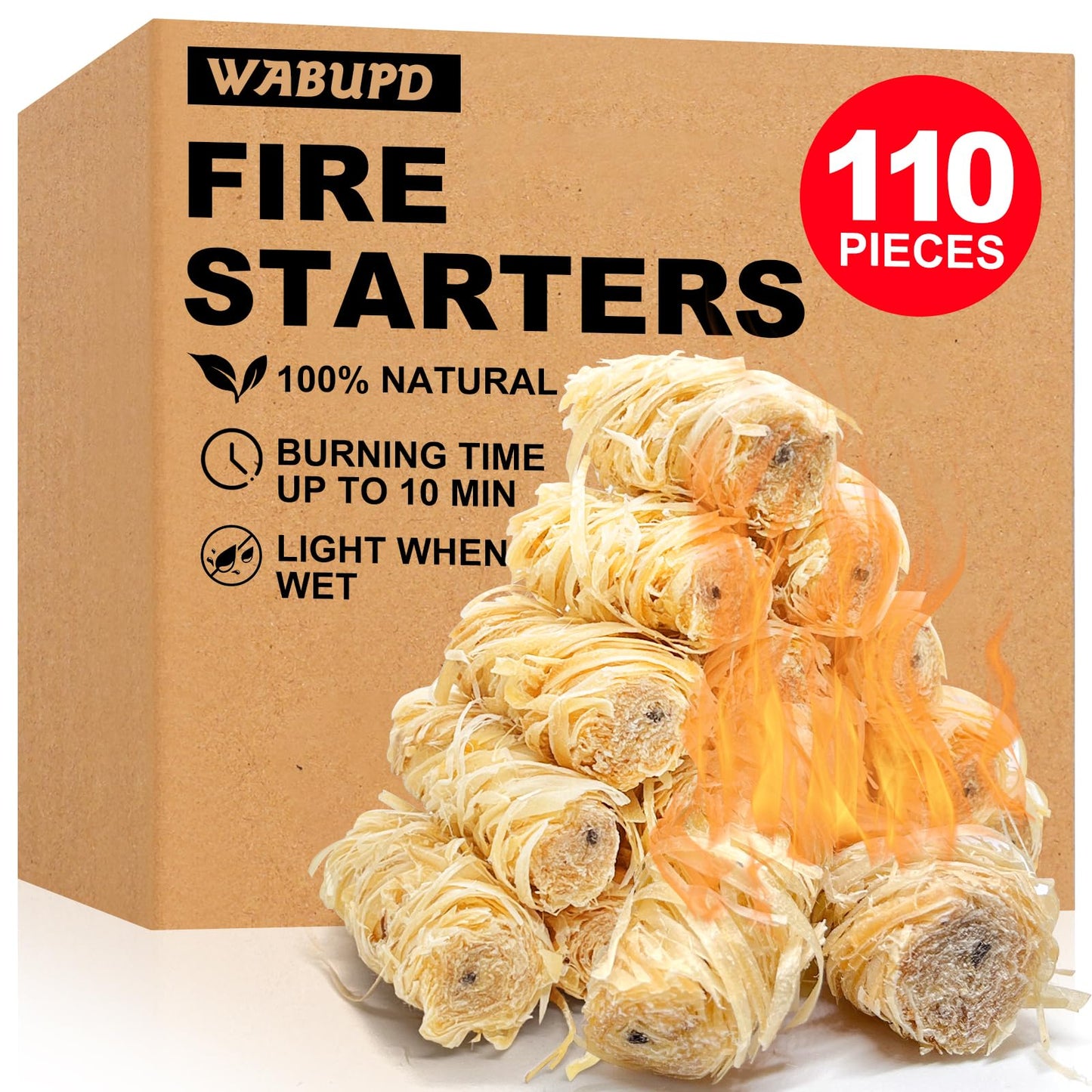 WABUPD 110 Pcs Fire Starter - Natural Fire Starters for Fireplace, Pellet Stove, BBQ, Pizza Oven, Fire Pit &Chimney, Fire Starters for Grill, Charcoal Starter