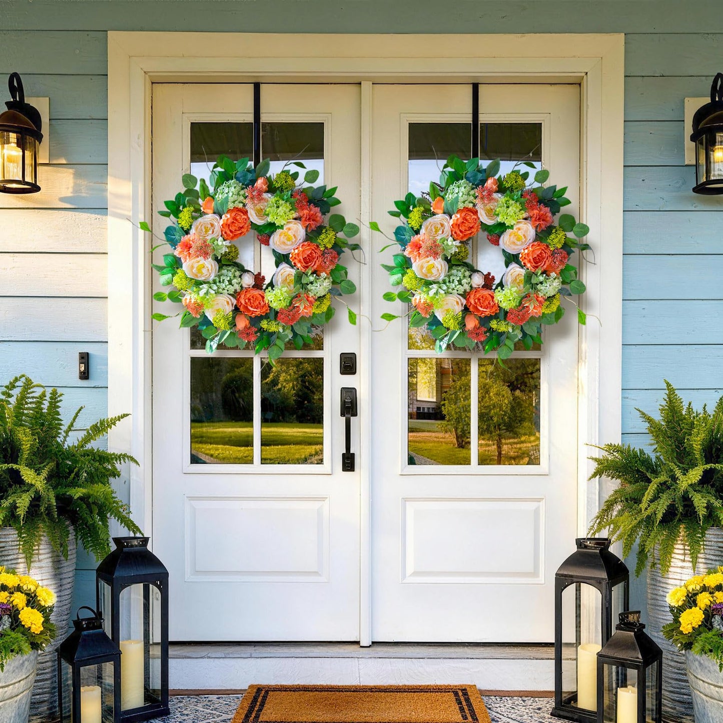 CHvista Spring Wreaths for Front Door Outside 24 Inch Luxury Summer Wreath with White Rose Flowers,Pink Dahlia & Green Hydrangeas,Lush Greenery Spring Front Door Wreath for Home,Wall,Porch Decor