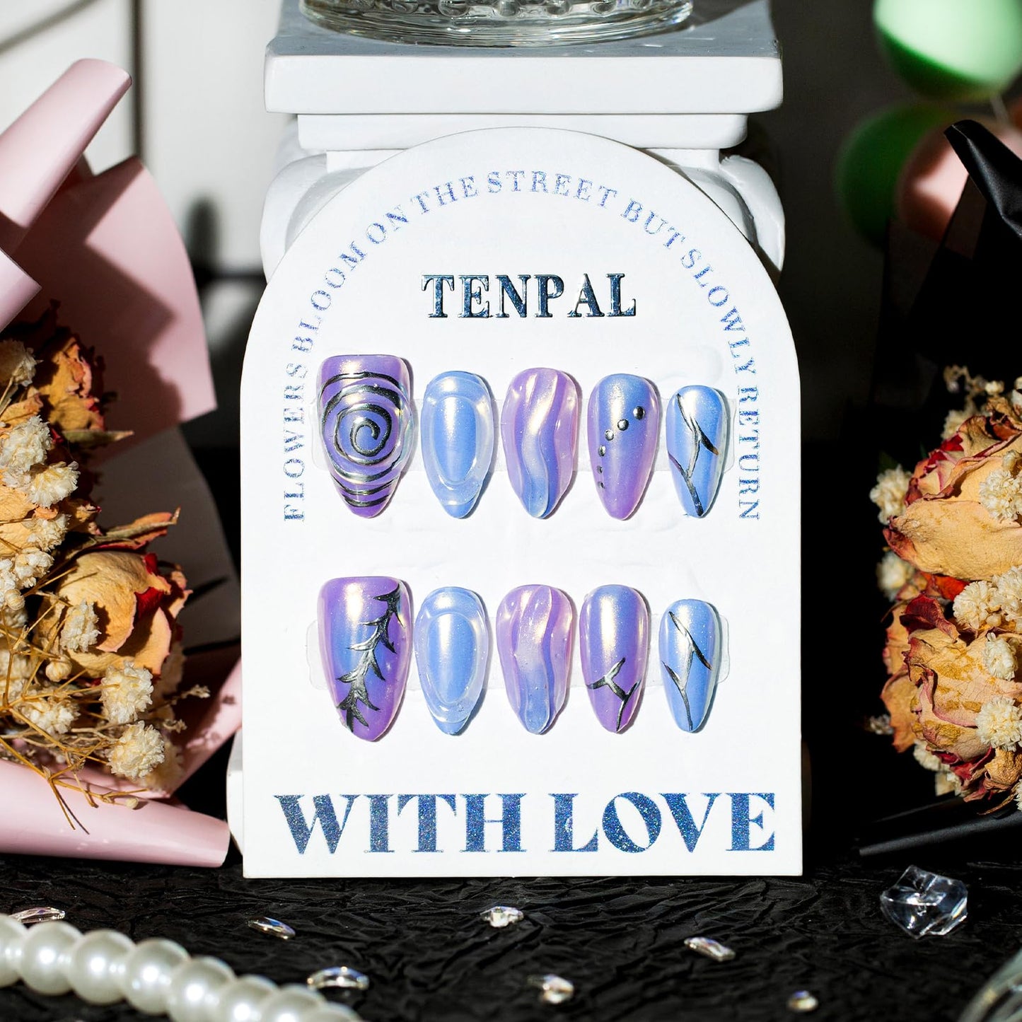 TENPAL Aurora Blue Purple Metallic Nails,Handmade Press on Nails Almond,Full Cover Soft Gel Fake Nails With Tools, Glossy Glitter Glue on Nails With Curves Swirls 10pcs/Box Stick on Nails,XS Size