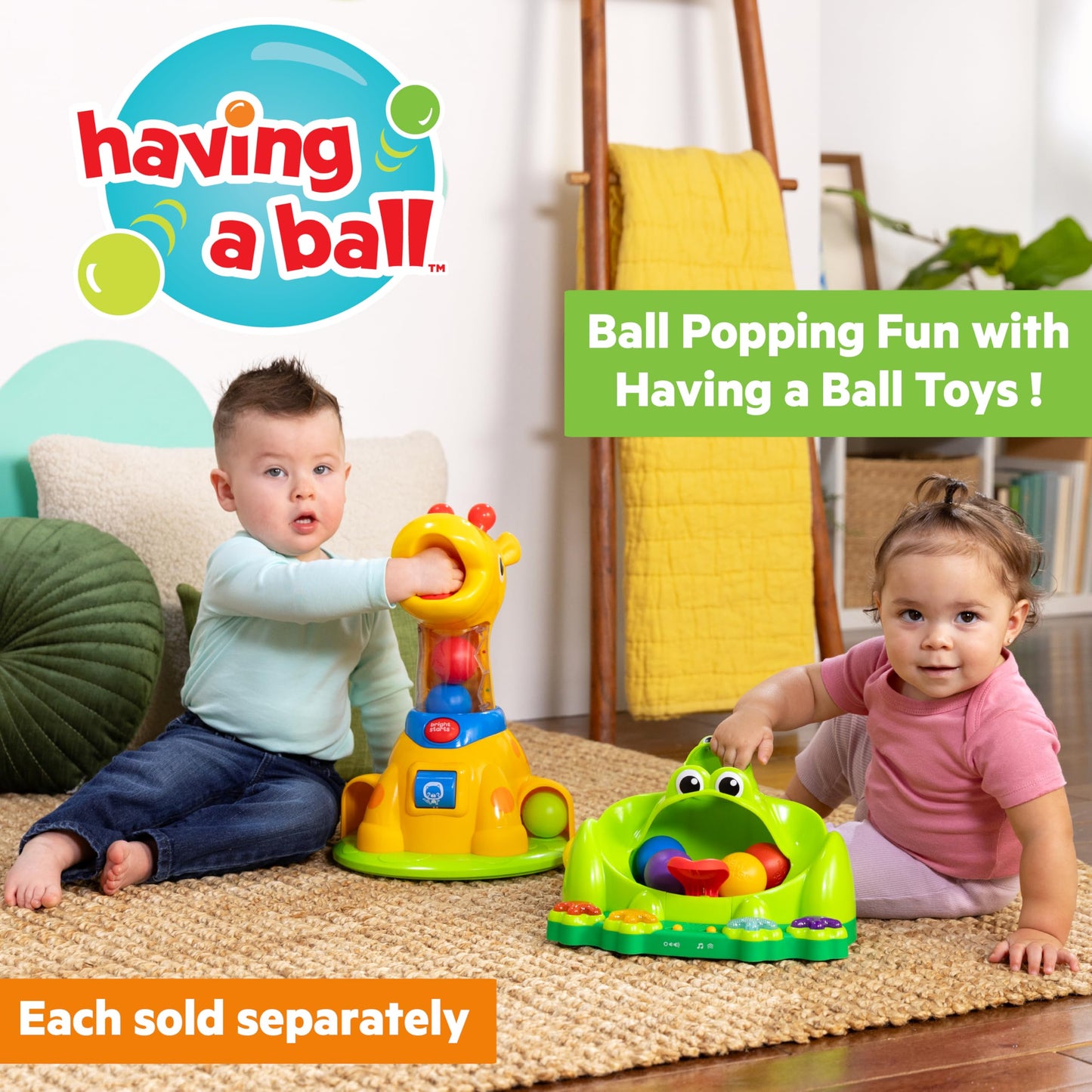 Bright Starts Poppin' Ball Frog Ball Play Toy, Launching, Bouncing & Ramp Racer Toy, Crawl and Chase, Unisex, 6 Months+