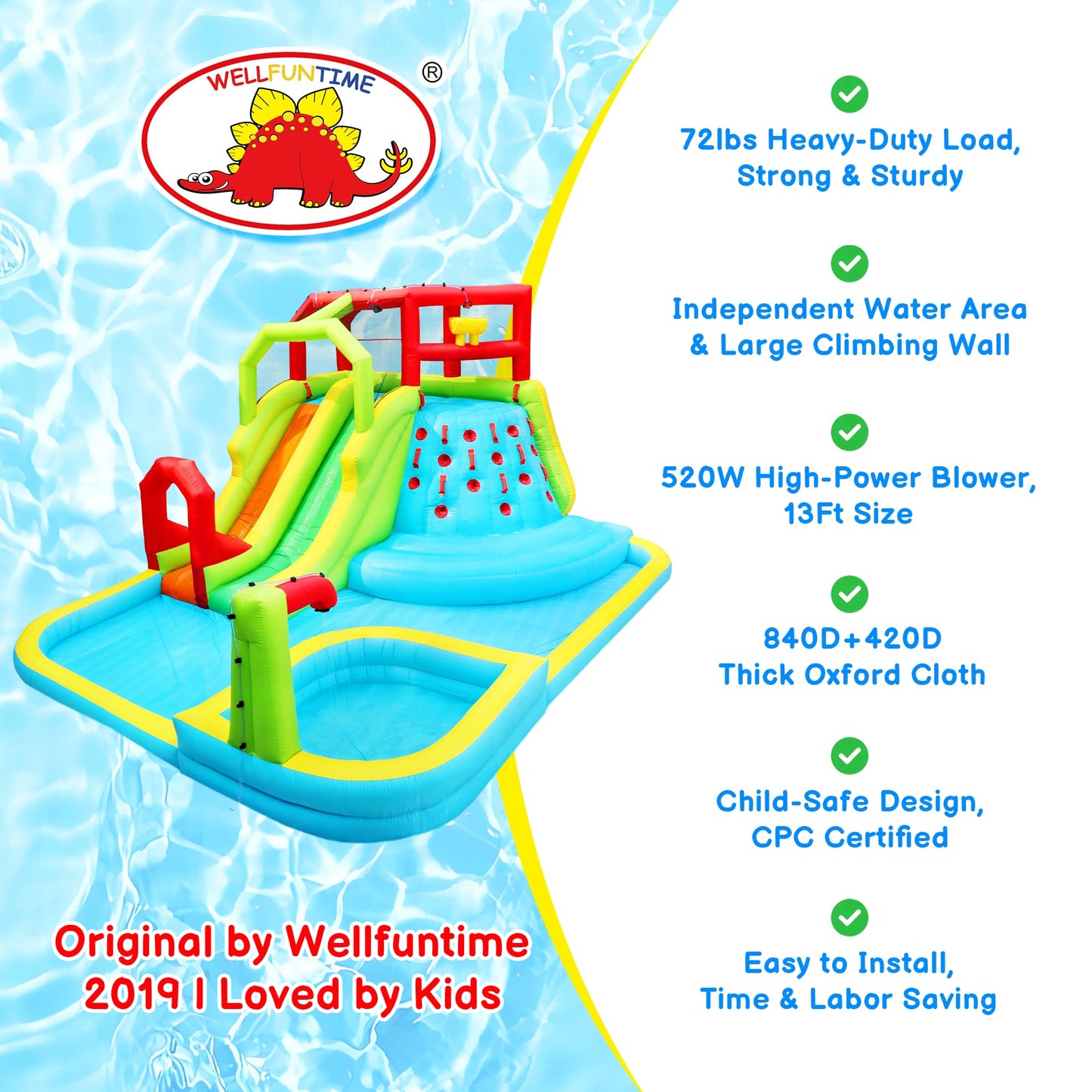 WELLFUNTIME Inflatable Water Slide Park, Bouncy Castle with Deep Pool, 191 x 157.5 x 100 Inch, Jumping Castle with Air Blower