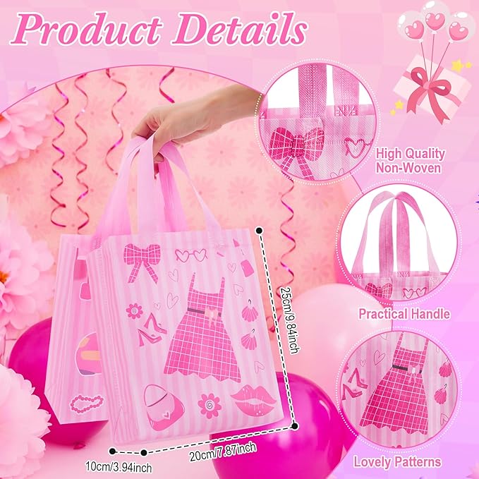 Wesnoy 48 Pcs Pink Gift Bags Bulk 10 x 8 x 4 Inch Princess Sweet Party Favors - Reusable Non Woven Hot Pink Goodie Bags Candy Treat Tote with Handles for Coquette Birthday Party Supplies