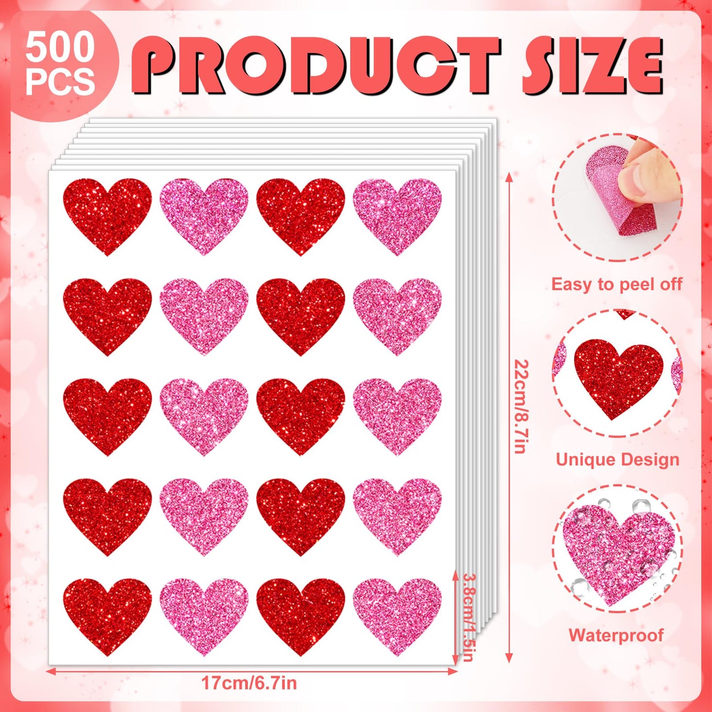 Whaline 500Pcs Valentine's Day Glitter Heart Stickers Pink Red Heart Shape Adhesive Decals Valentines Love Hearts Sticker Labels Decorative Envelope Seal Stickers for Wedding Anniversary Party