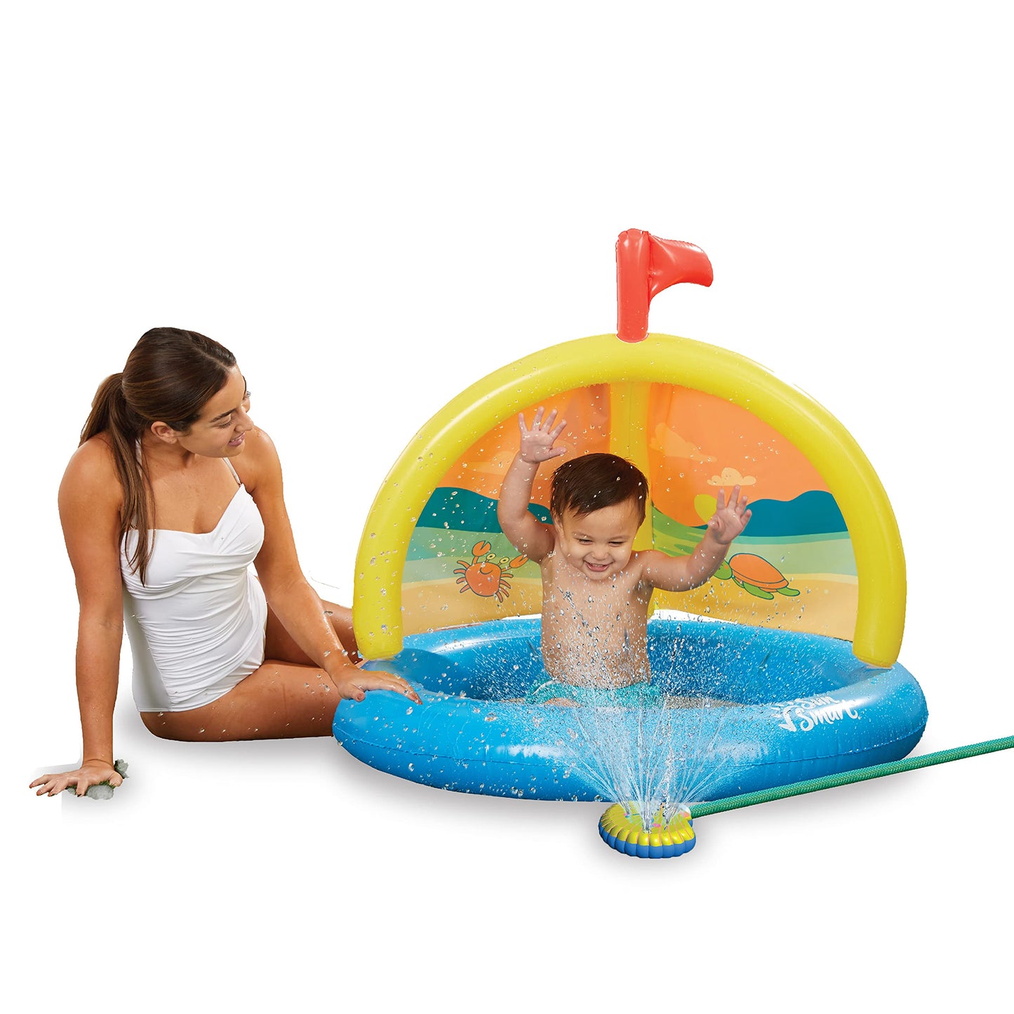 SunSmart Splash 'N Play Sandcastle - Inflatable Kiddie Pool and Sprinkler with Removable, Rotating Canopy